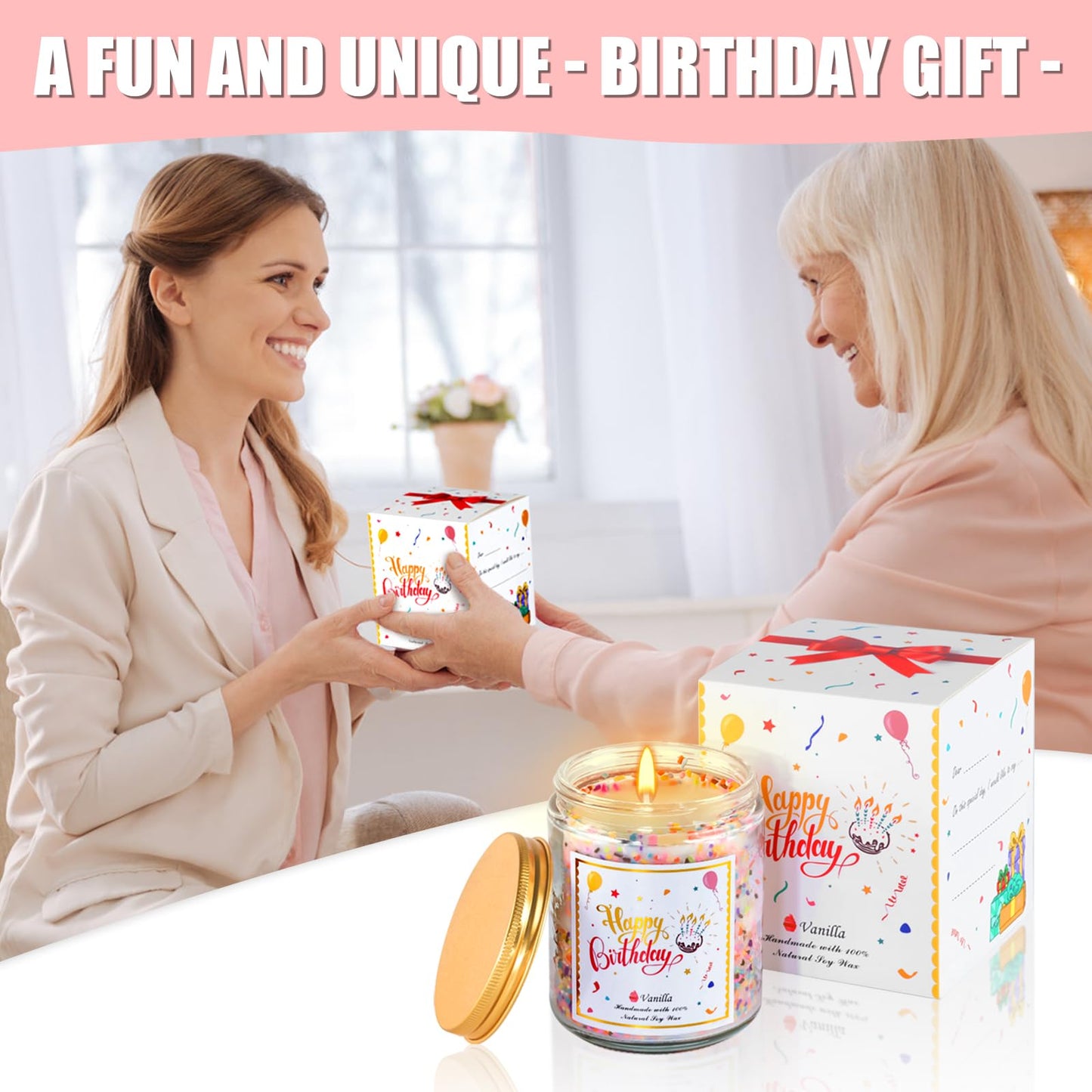 Happy Birthday Candle - Natural Soy Wax Scented Candle with Vanilla Birthday Cake Scent, Unique Gift Ideas for Men Women Best Friend