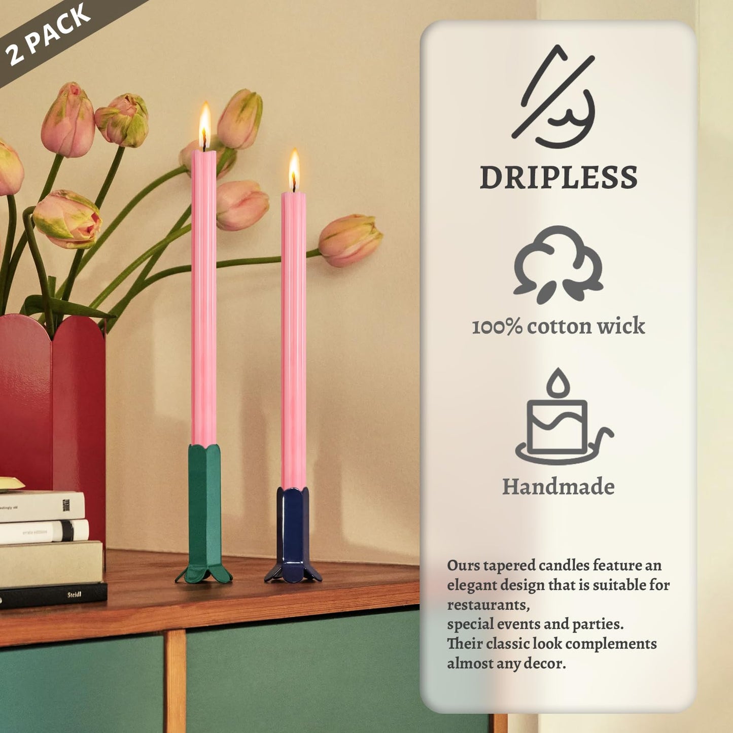 Dripless Taper Candles Unscented Pink Long Taper Candles Smokeless 10 Inch Roman Column Design Dinner Candlesticks for Home Decoration Women Gifts(2Pcs)