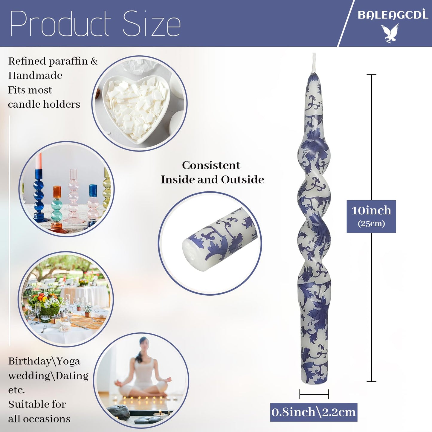 Flowers Printed Taper Candle - Baleagcdl White with Blue Star Flower Candlesticks 10 Inch Drip Handmade Long Tapered Candles for Home Holiday Decor Wedding Gifts - Set of 2
