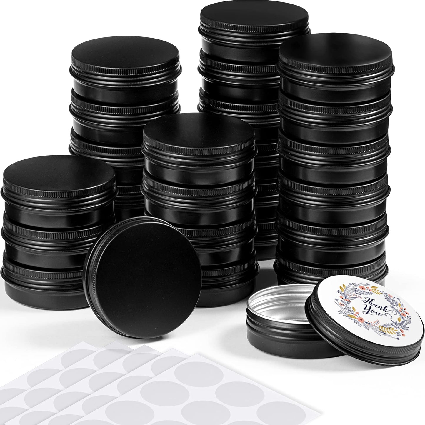 Patelai 2 oz Black Metal Round Tins Aluminum Tin Cans Salve Tins Containers with Screw Lid 10 Sheets Stickers for Salve Spice Candies Balms Candles, 36 Pack (Classic Style)