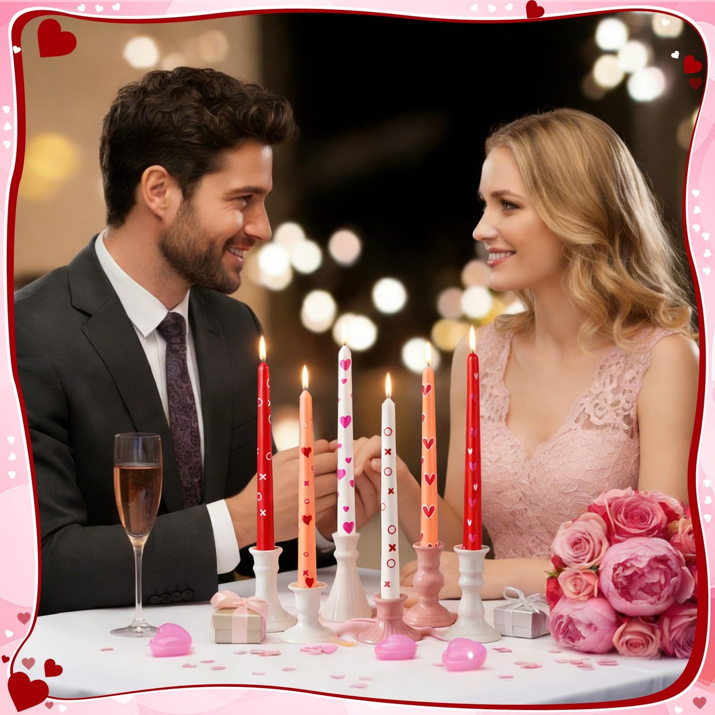 Nuanchu 12 Pcs Valentines Heart Taper Candles Valentine's Day Pink Red Heart Decorative Candles Scented Long Unscented Candlesticks for Wedding Anniversary Birthday Party Holiday Table Decor
