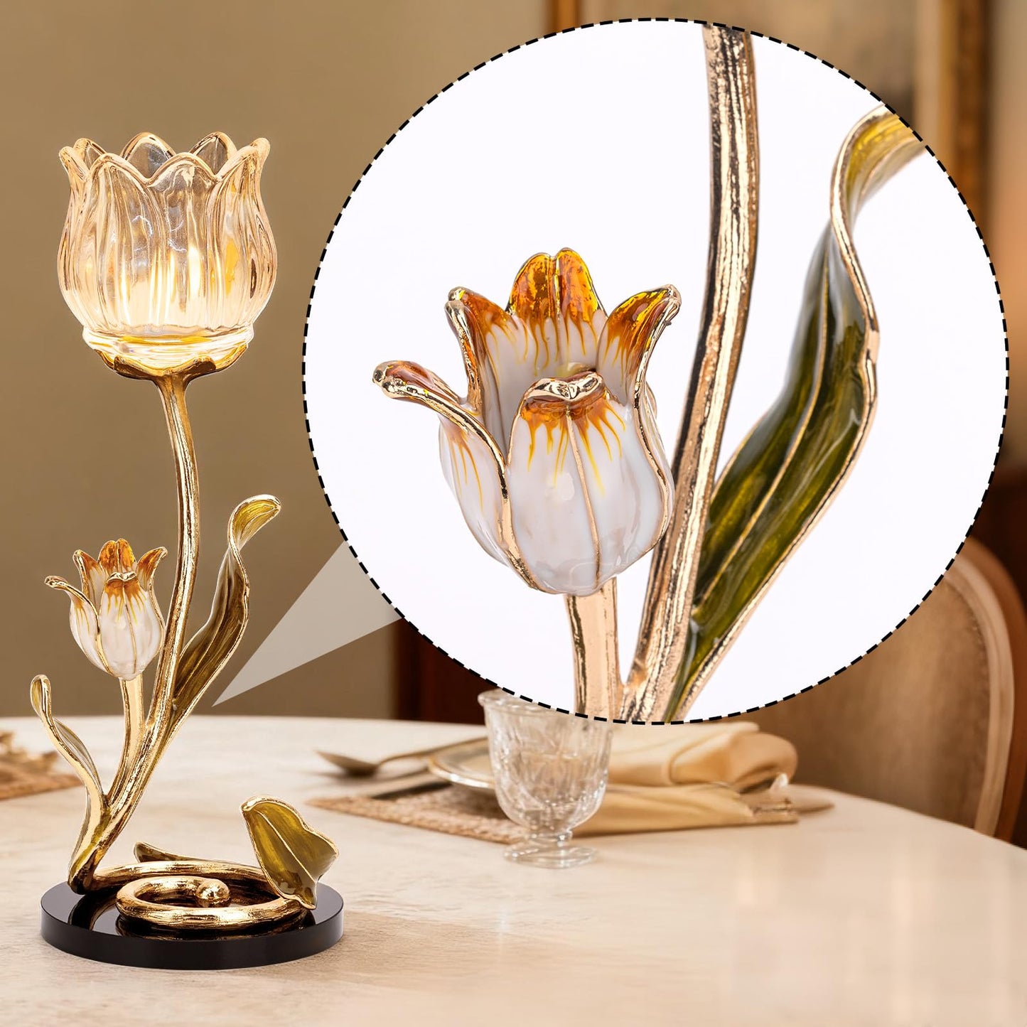 Luxury Crystal Base Glass Flower Candle Holder – Gold Plated Zinc Alloy with Enamel, Romantic Tea Light Holder, French Style Wedding Table Centerpiece, Home Decor