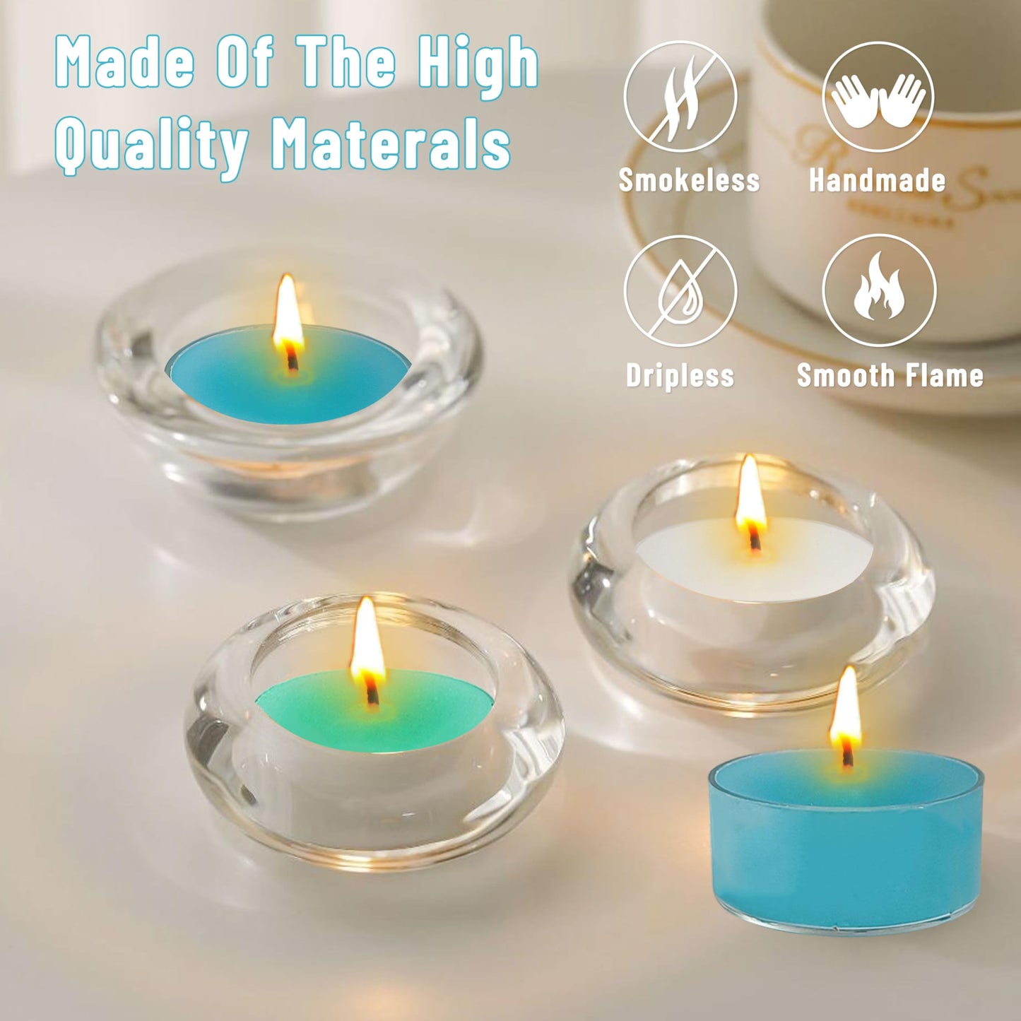 Scented Tea Light Candles 12 Pack Hand Poured 3 Color Smokeless 4 Hours Clean Burning Small Round Clear Cups Tealight Candles for Romantic Dinners Wedding Centerpieces Cozy Evenings