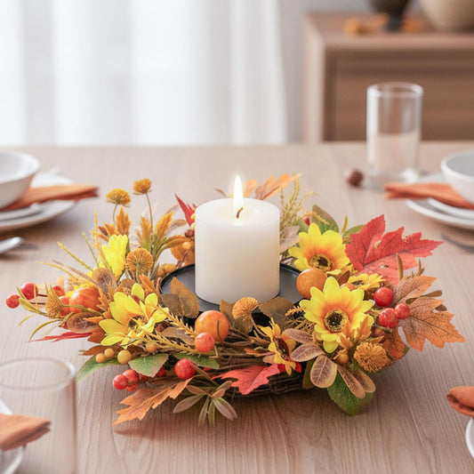 MOYEE Autumn Candle Holder Centerpieces for Tables,Candle Ring, Black Metal Candlestick with an Artificial Wreath 14 in Versatile Dining Table Centrepiece (Yellow Sunflower Wreath)