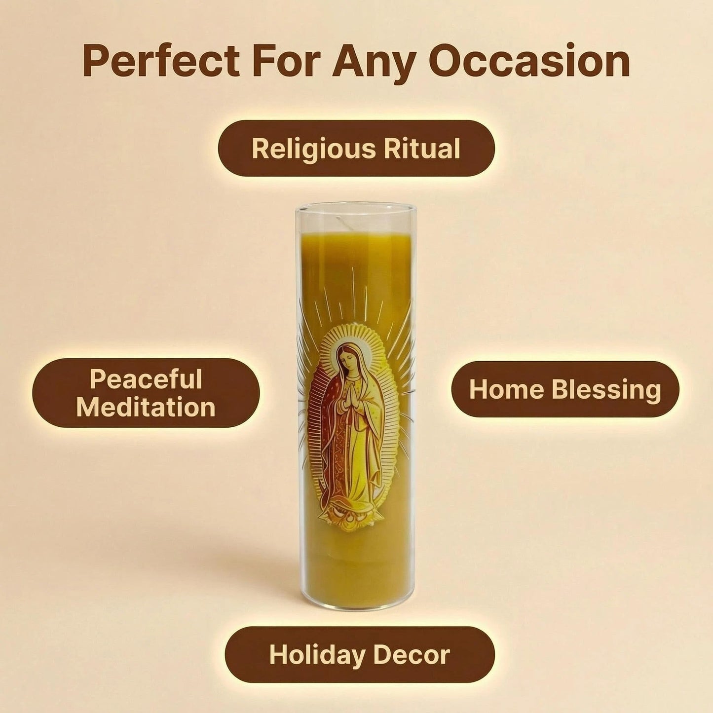 Virgen de Guadalupe Glass Beeswax Pillar Candle, 80-Hour Long Burning Smokeless Dripless Emergency Candle for Church, Prayer & Meditation, Christian Gifts for Women (Yellow, White)