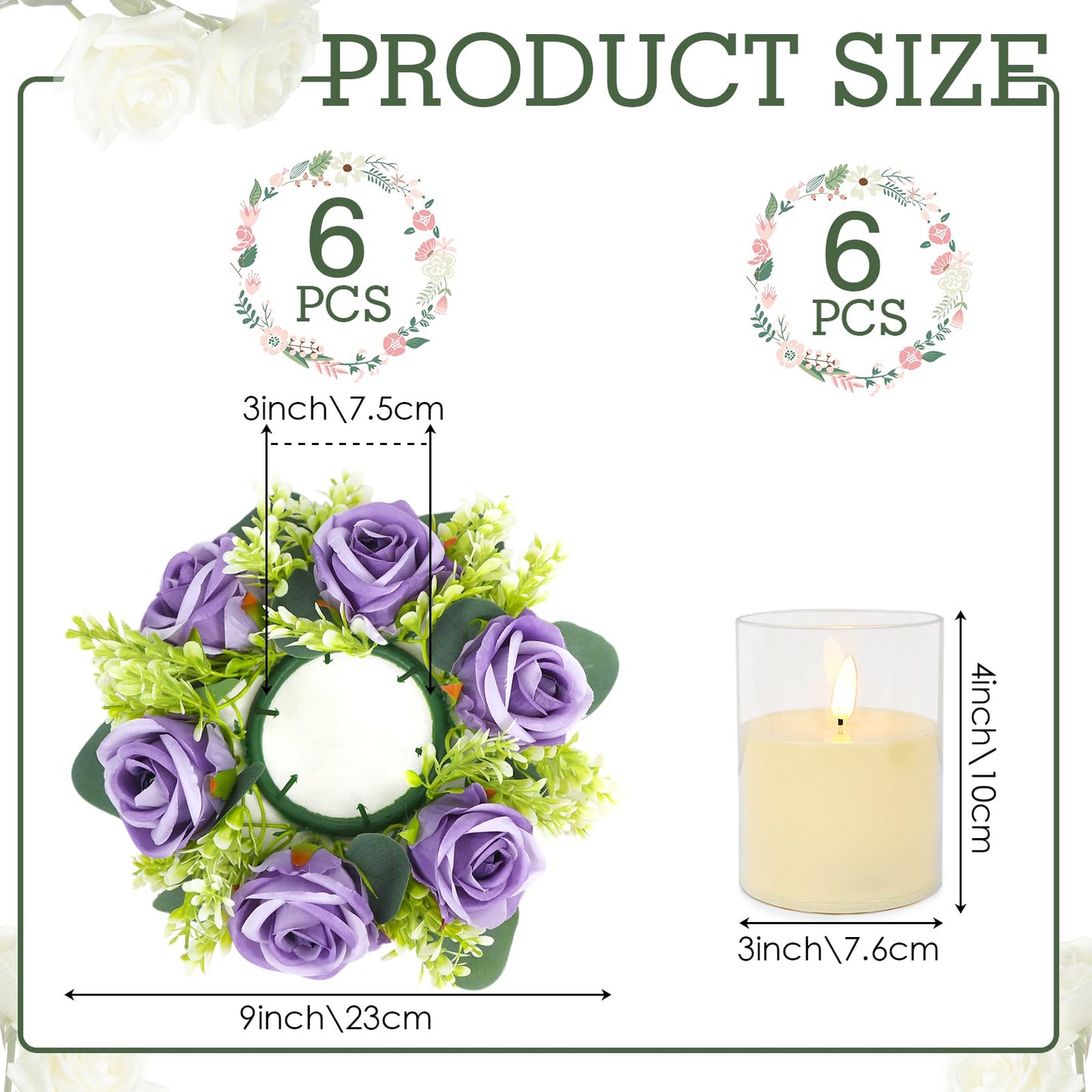 Acmee Purple Rose Candle Rings with Flameless Candles Sets - 12PCS Artificial Flower Eucalyptus Wedding Centerpiece 3 Inch Pillar Candleholders Wreaths for Wedding Party Decor (Purple - 6 Sets)