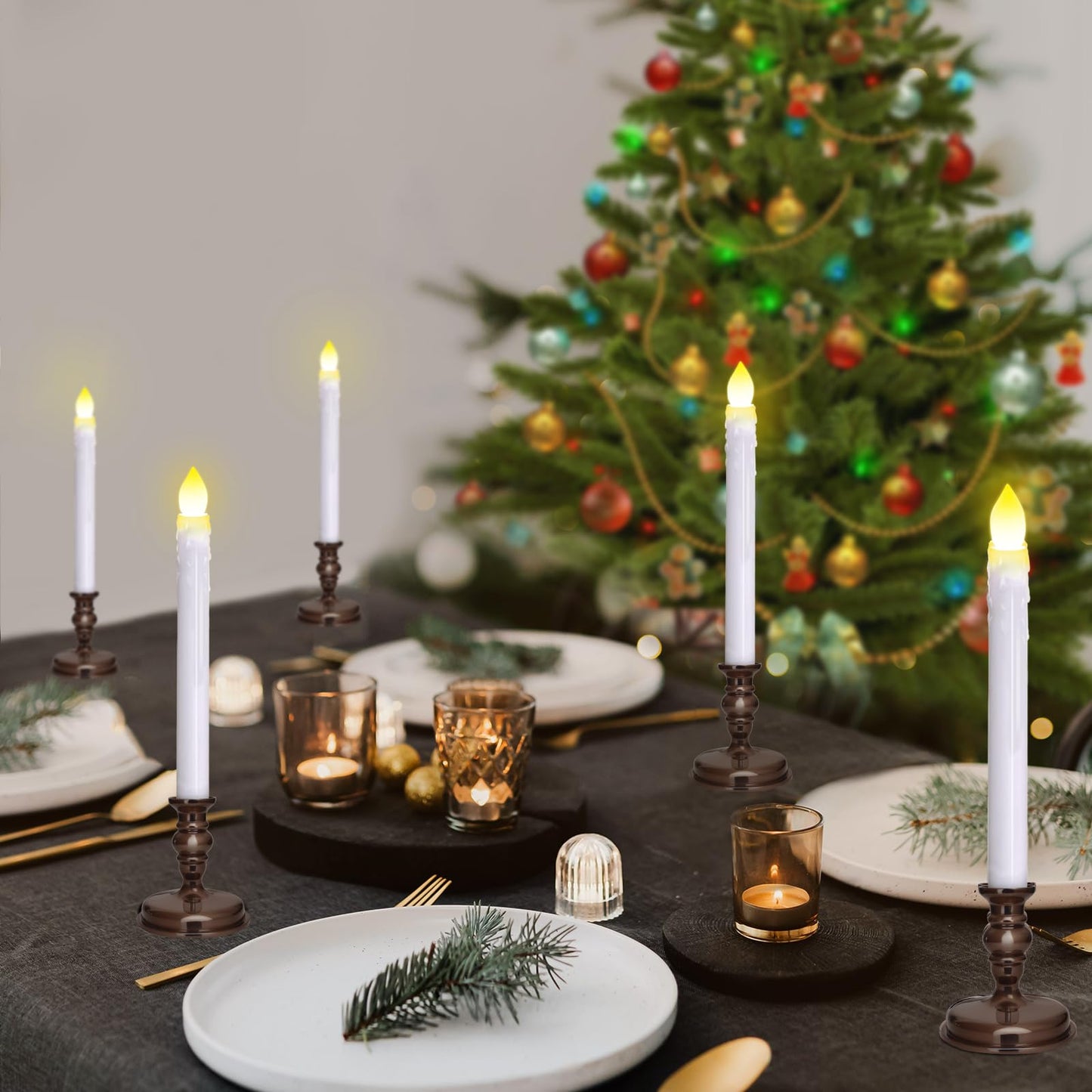 Kithouse Flameless Candles 10 Pack Battery Operated Window Candles with Drip Texture,Remote Timer,10 Removable Candle Holders,10 Suction Cups,20 AAA Batteries for Home Decor Christmas Wedding (Brown)