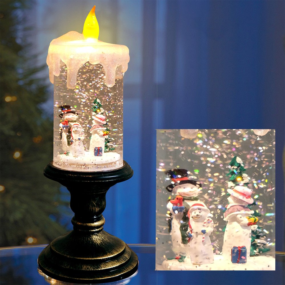 Eldnacele Christmas Snow Globe Candle Battery Operated Lighted Flameless Candles Light Swirling Water Glittering Spinning Candles for Home Decoration(Snowmen Family)