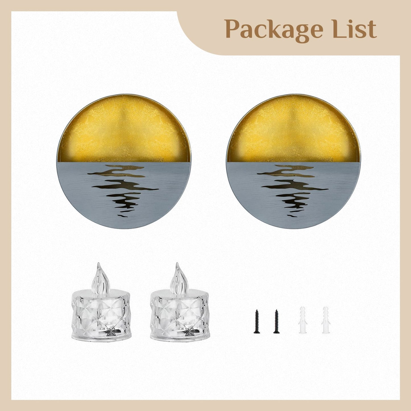 Walasis Gold Wall Sconces Set of Two: Flameless Candle Sconces Night Light for Indoor Livingroom Bedroom - Metal Sunrise Decor Wall Candle Holder with Tealight for Hallway