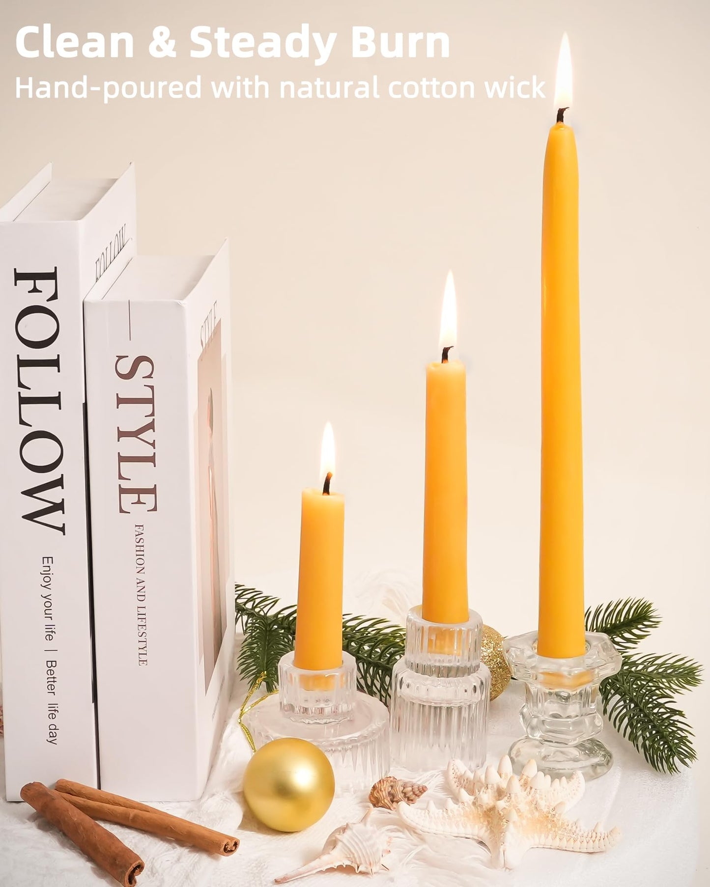 Viyffo 10 Inch Pure Beeswax Taper Candles, 4 Pack Handcrafted Dripless & Smokeless Long Burning Unscented Candles, 9 Hour Burn for Dinner, Wedding, Home, Prayer Decor