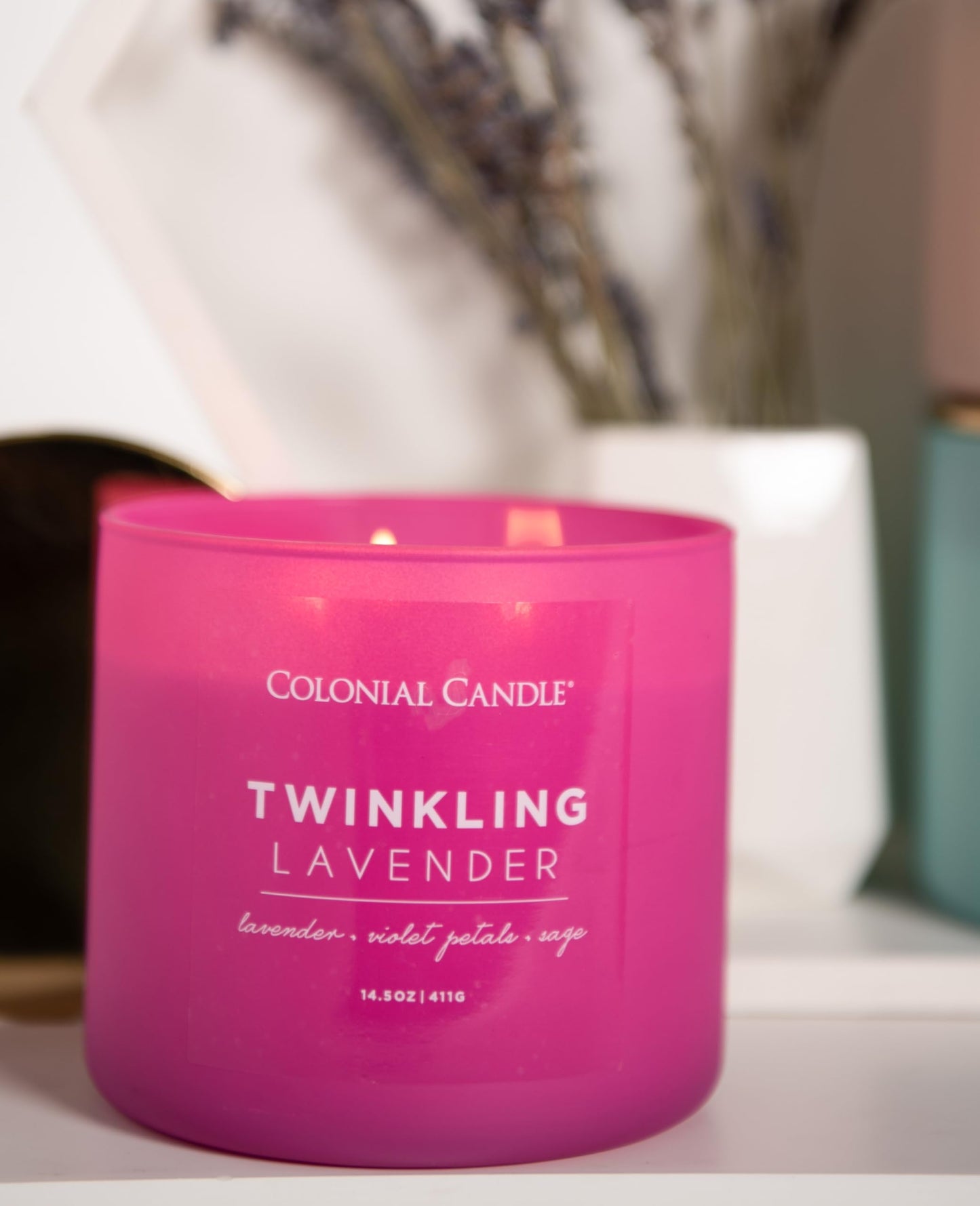 Colonial Candle Pop of Color Twinkling Lavender 14.5 Oz Scented Matt Glass Jar Candle, Three Premium Cotton Wicks