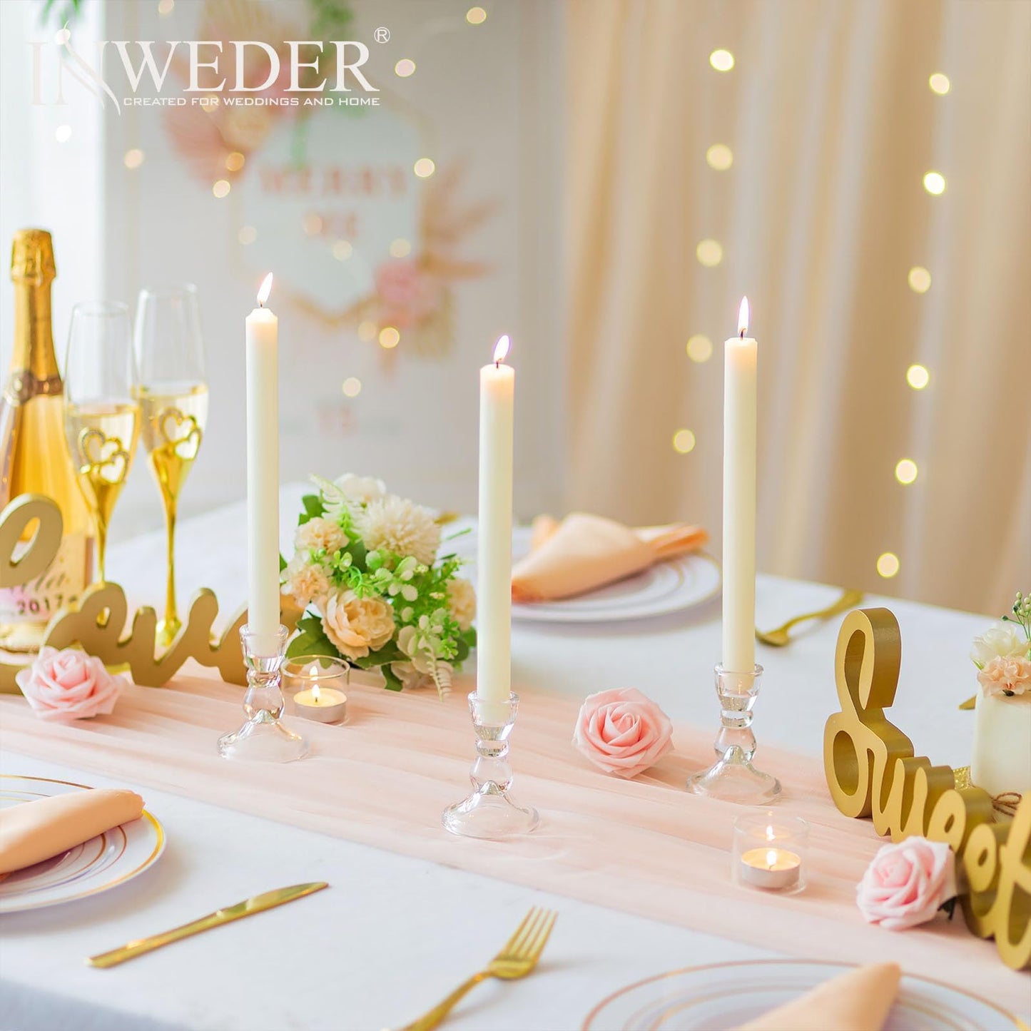 Inweder Glass Taper Candle Holders - Cute Candlestick Holders, 20Pcs Clear Candle Stick Candle Holder, Modern Tapered Candlestick Holders for Standard Candles for Wedding Christmas Home Decor