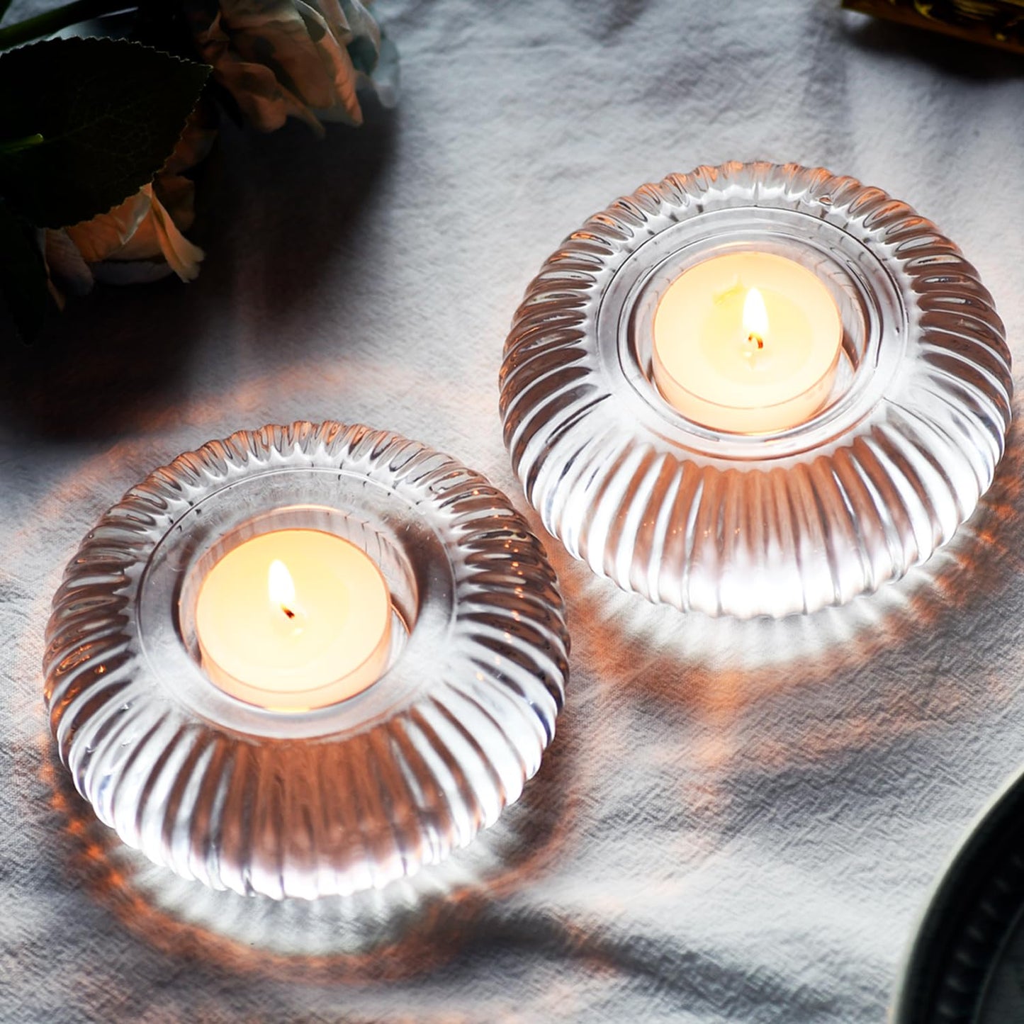4 pcs Ribbed Clear Glass Tealight Candle Holders - Unique Boss Gifts for Women, for Her, Housewarming Wedding Tablescape Decor