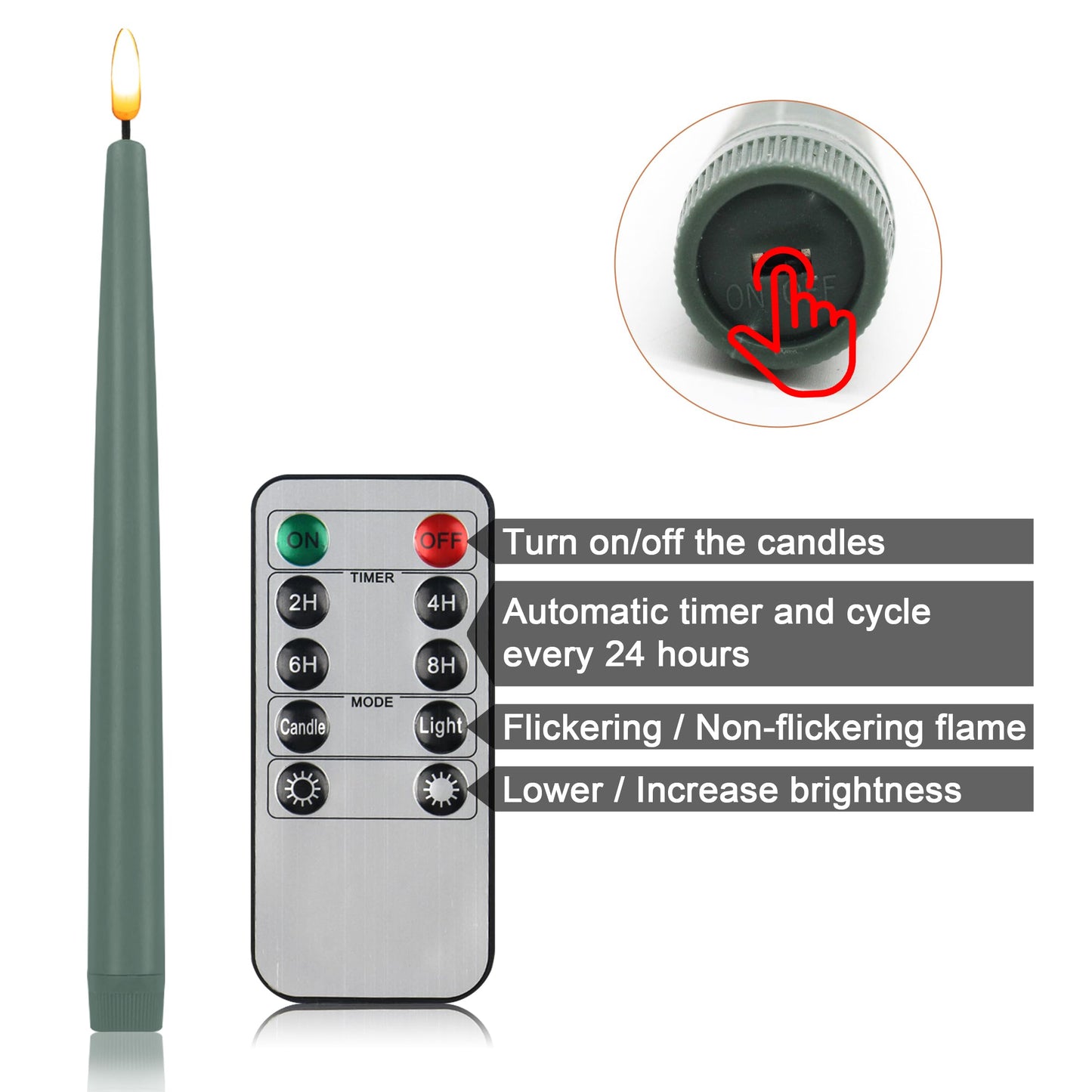 CVHOMEDECO. Flameless Taper Candles with 10-Key Remote, Battery Operated Led Flickering 3D Wick Window Candles Real Wax Finished Home Christmas Party Decor 0.78 x 11 Inch, Pack of 2, Grey Green