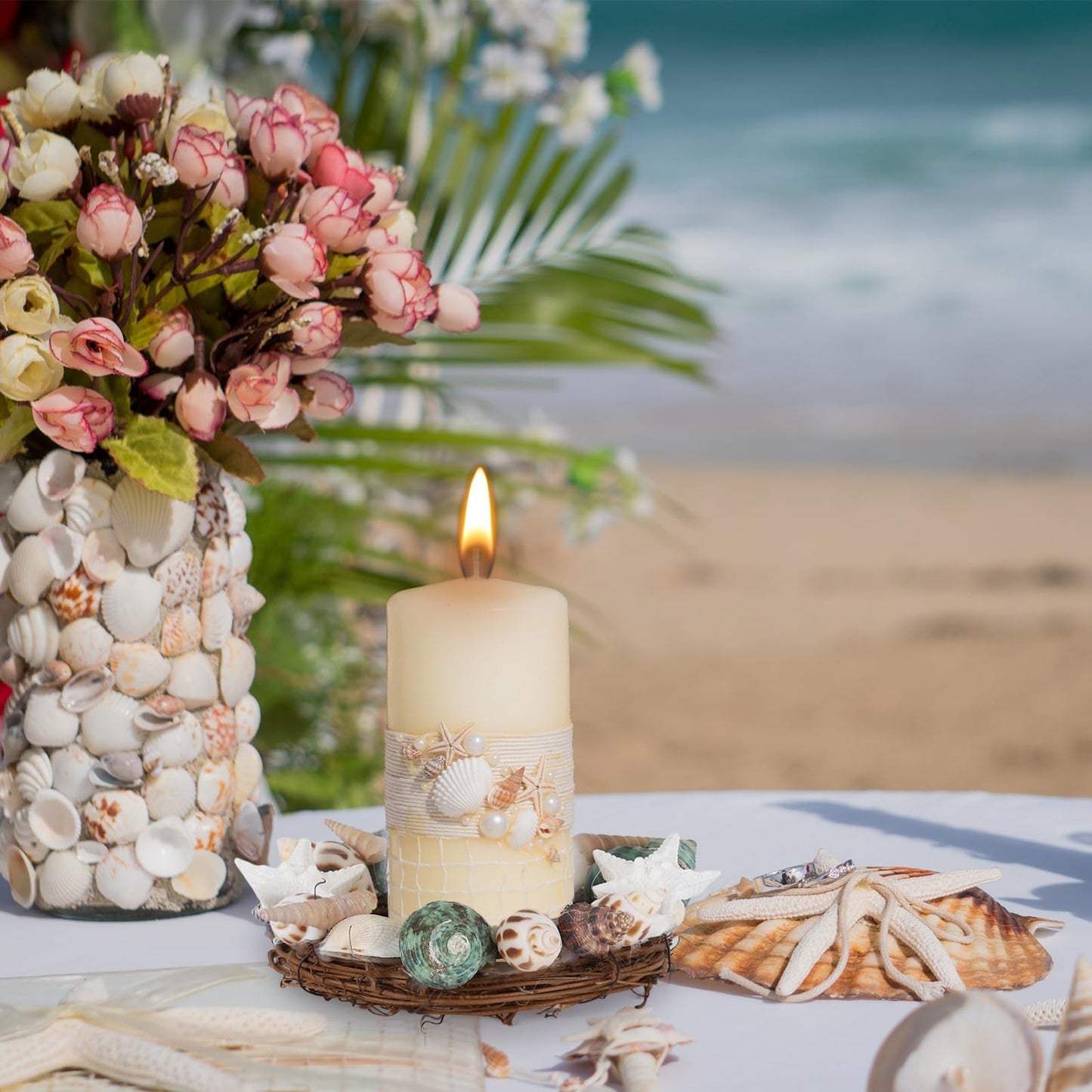 6 Pcs Summer Seashell Starfish Wreath Mini Candle Rings Wreaths Coastal Pillar Candle Holder for Ocean Cruise Wedding Parade Bridal Shower Bachelorette Party Table Decor
