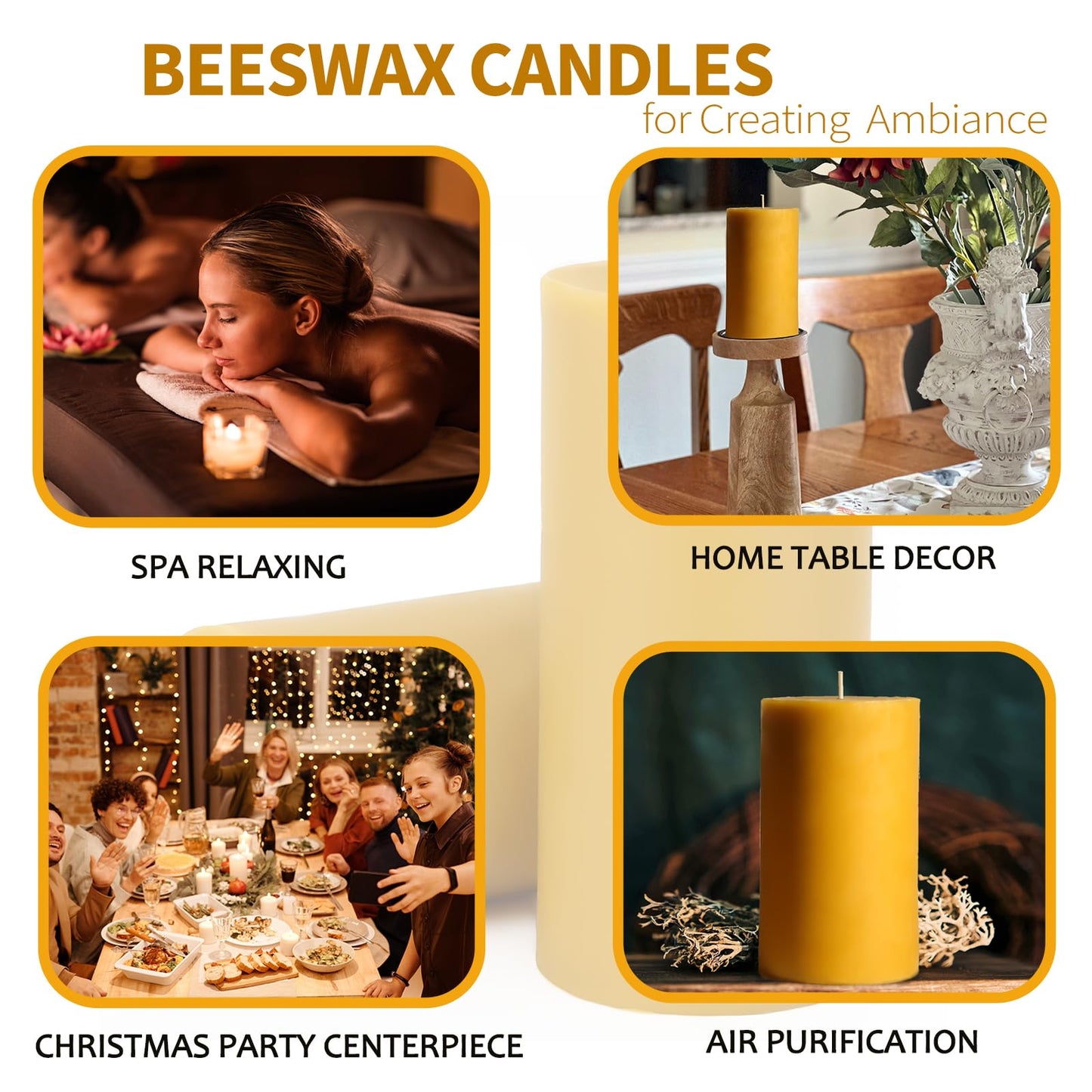 Natural Beeswax Candles Pillar, 2 Packs, 70 Hours Burn Time, 100% Pure Beeswax Candles for Home Deco, Smokeless & Dripless Bees Wax Candle for Relax, Prayer, Air Purification, 2x4 inch