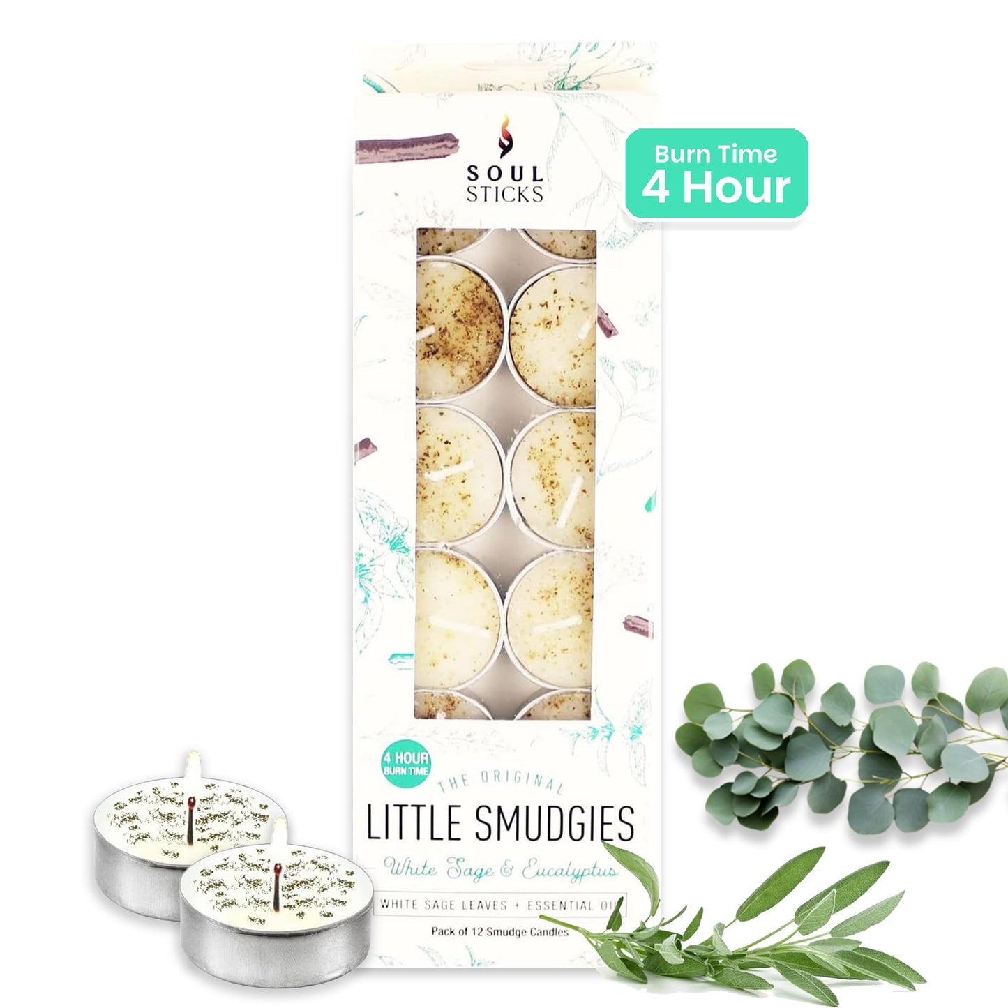 SOUL STICKS 12 Pack Little Smudgies Tealight Candles Smudge Candle for Cleansing House, Meditation, Chakra Healing | Made with Crystals and Herbs (White Sage & Eucalyptus)
