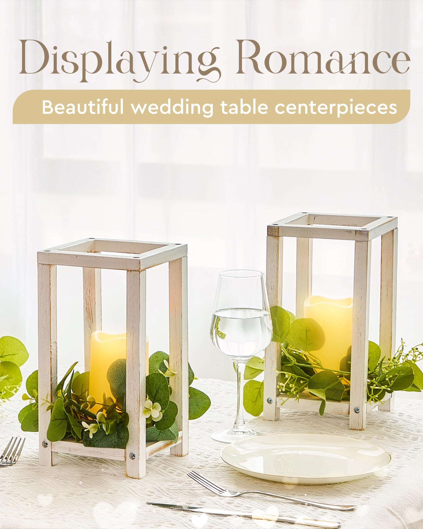 Huquary 8 Pcs Wooden Wedding Lantern Centerpiece for Table Decoration Includes 4 Farmhouse Candle Holder and 4 Flameless Decorative LED Candles for Rustic Home Wedding Decor(White)