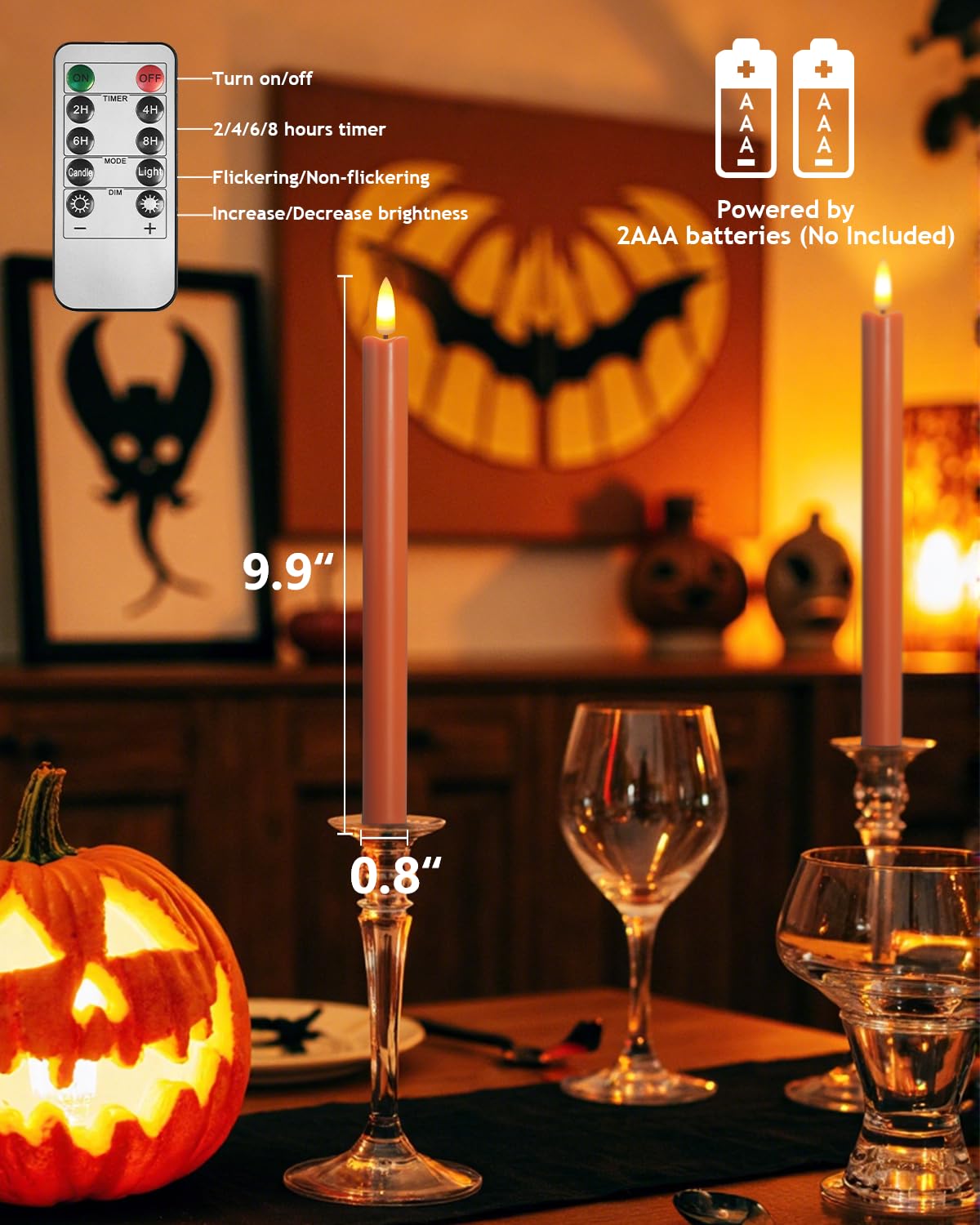 SUNGEGE Flameless Taper Candles, LED Flickering with 2 Remotes, Battery Operated for Halloween, Fall, and Thanksgiving Decorations,6 Pack of Orange