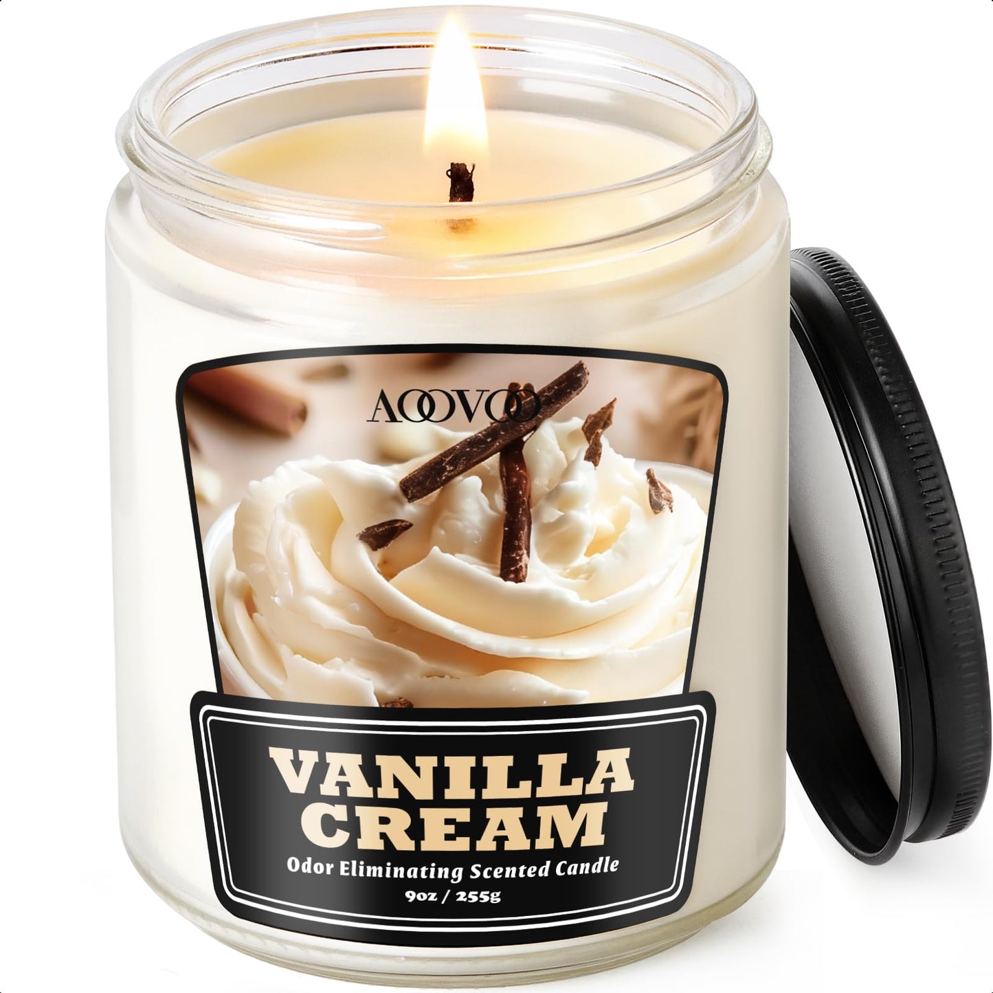 AOOVOO Vanilla Cream Odor Eliminating Candle - 9 oz Non Toxic Highly Fragranced Air Freshing Soy Candle, Eliminates 95% of Smoke, Pet, Food, and Other Smells Quickly, Up to 50 Hours Burn time