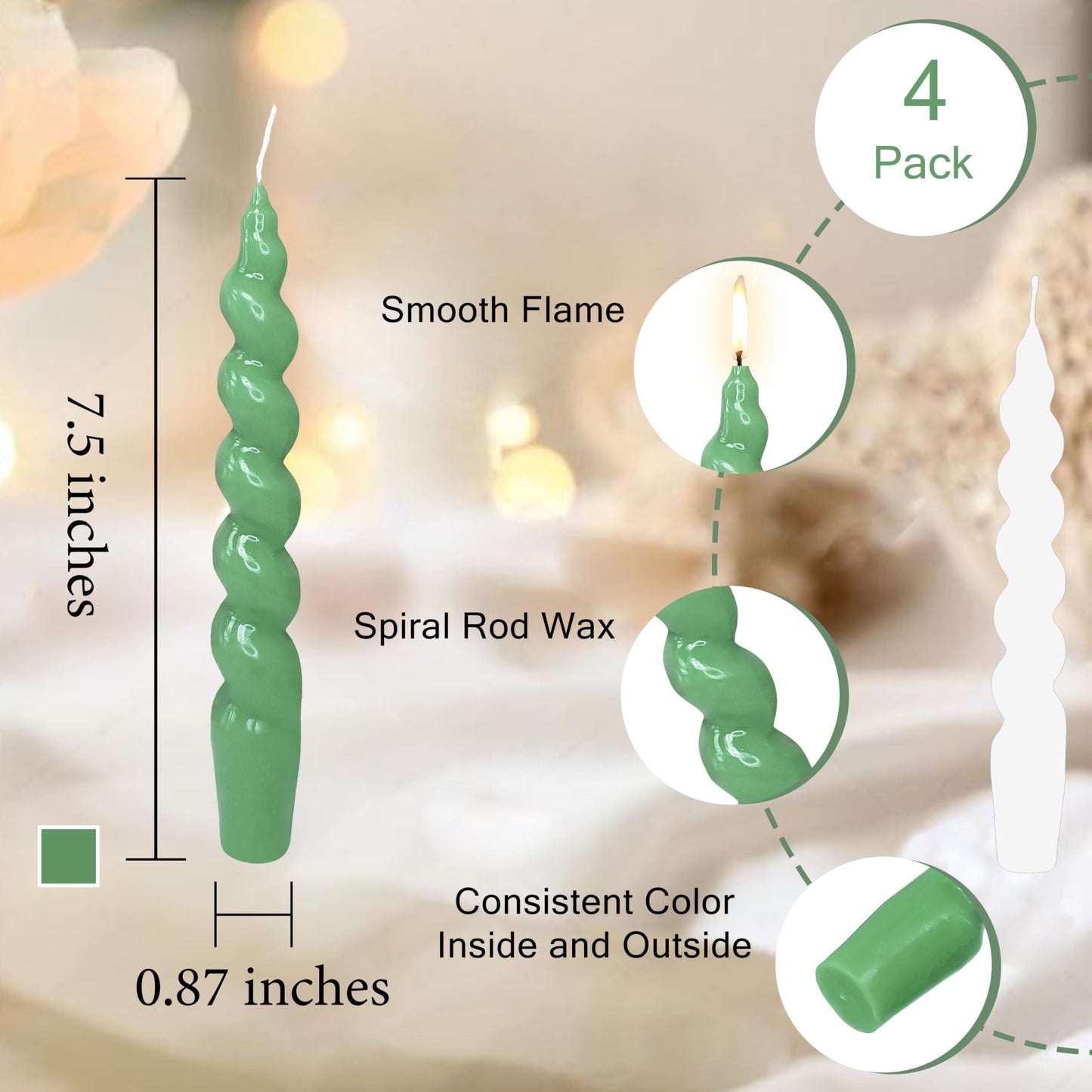 7.5 Inches Spiral Taper Candles Sage Green Twisted Candle Dripless Unscented Short Candles, Handmade Candlesticks for Wedding Dinner Decor, Set of 4