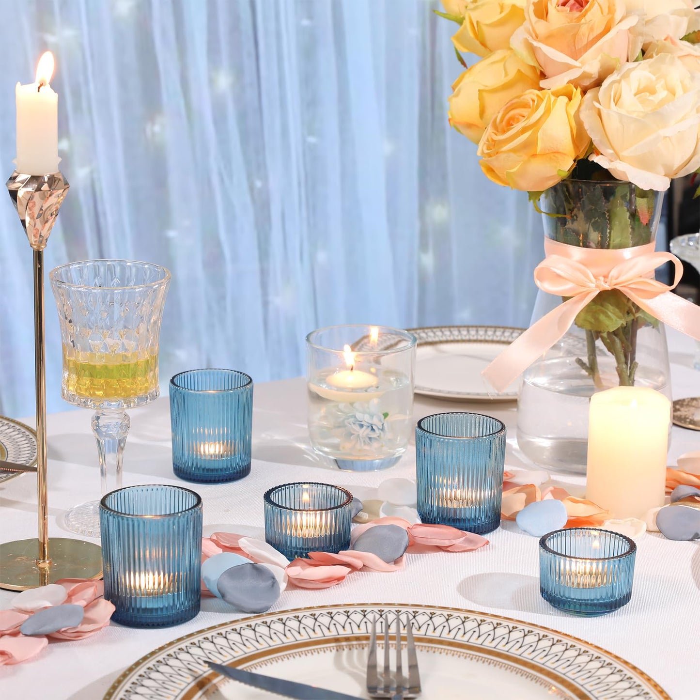 NITIME 20pcs Ribbed Blue Votive Candle Holders, Assorted Tea Lights Candle Holder, Blue Glass Candle Holders for Table Centerpiece, Wedding Table Settings and Party Decorations