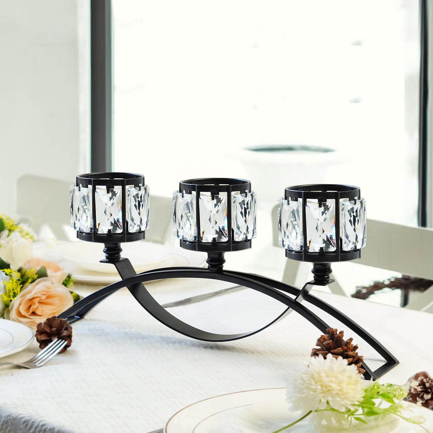 3 Arms Crystal Bowl Tealight Candelabra Votive Candle Stand, Wedding centerpieces for Tables Crystal Candlestick，Centerpiece Table Decorations (Black)