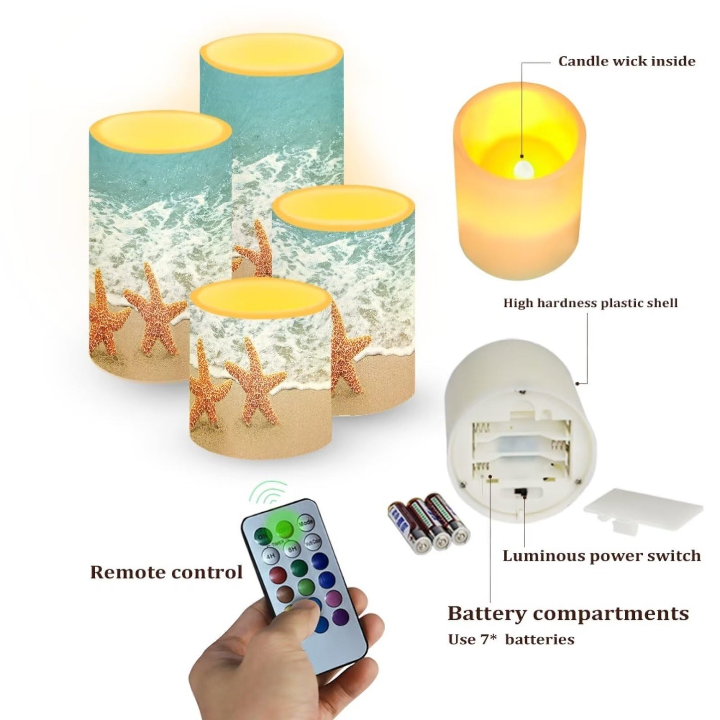 Merkmak Battery Operated Flameless Candles with Remote and Timer Flameless LED Pillar Candles for Camping, Beach Weddings, Home Decoration 4 Pack Tea Lights Bulk, Beach Starfish