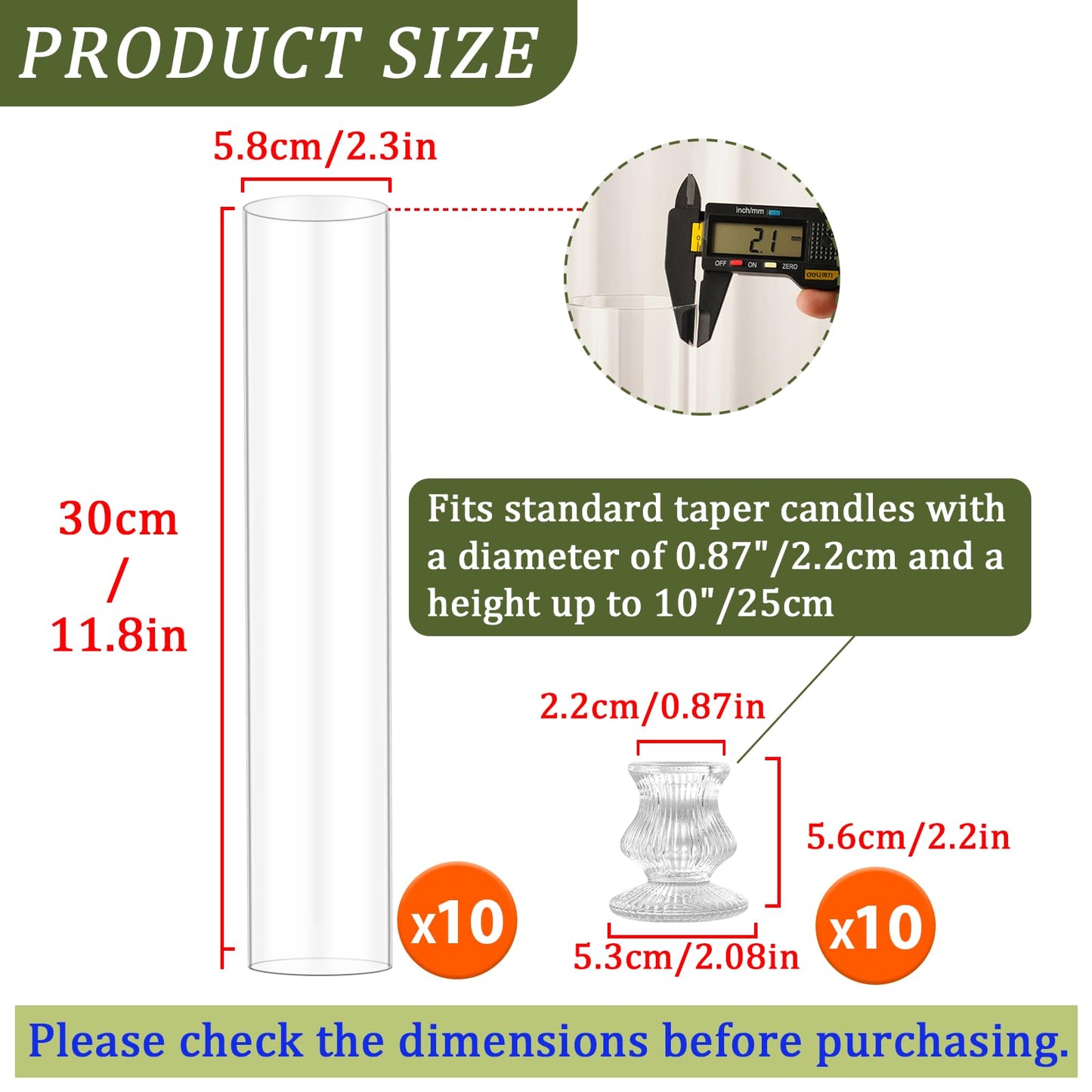 Hurricane Glass Candle Holders 10Pcs Fluted Candlestick Holders for Taper Candles with Cylinder Covers Crystal Candle Sticks Holder Decor for Wedding Birthday Christmas Table Decoration