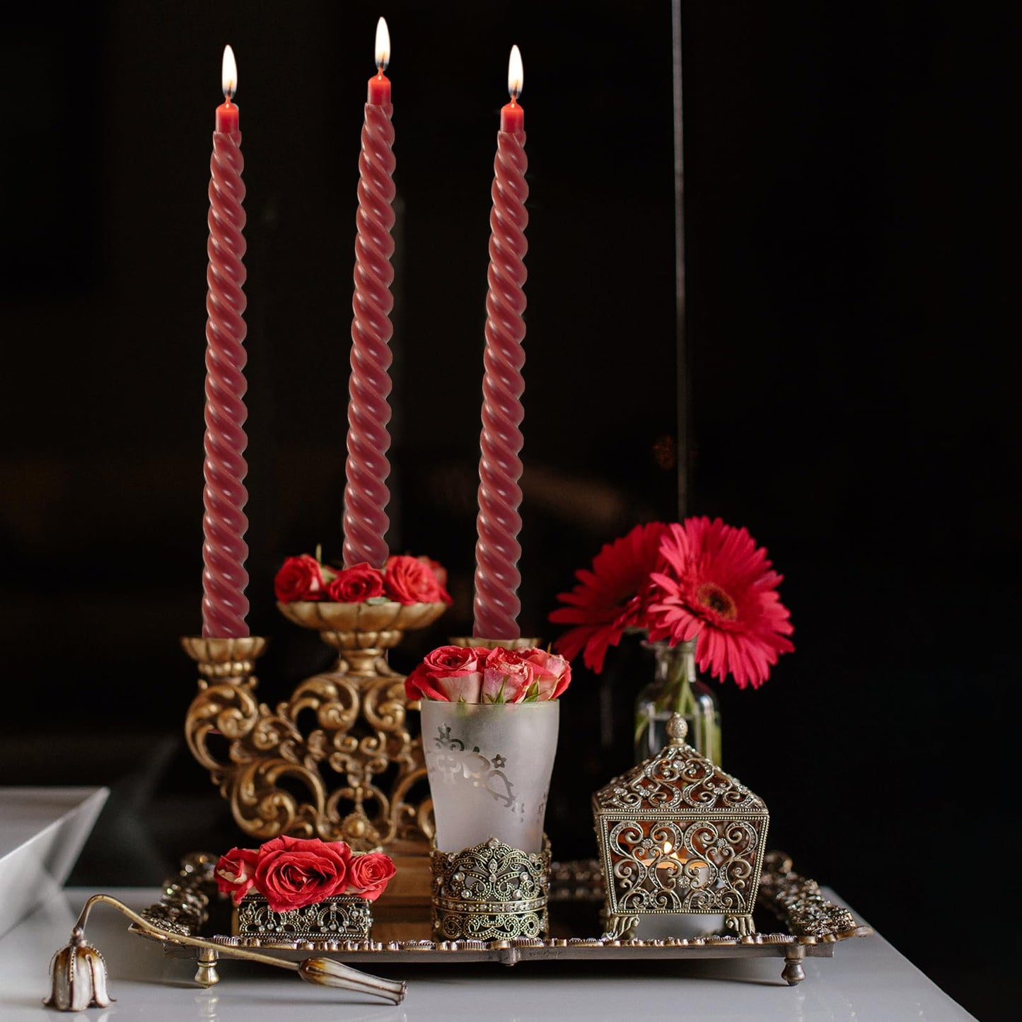 KONNI 0.87×10 Inch Dark Red Spiral Taper Candle, Unscented and Smokeless Tall Candlesticks, 8 Pack Twisted Candles with Cotton Wicks, Long Burning, Ideal for Weddings, Dinner Parties, and Home Décor
