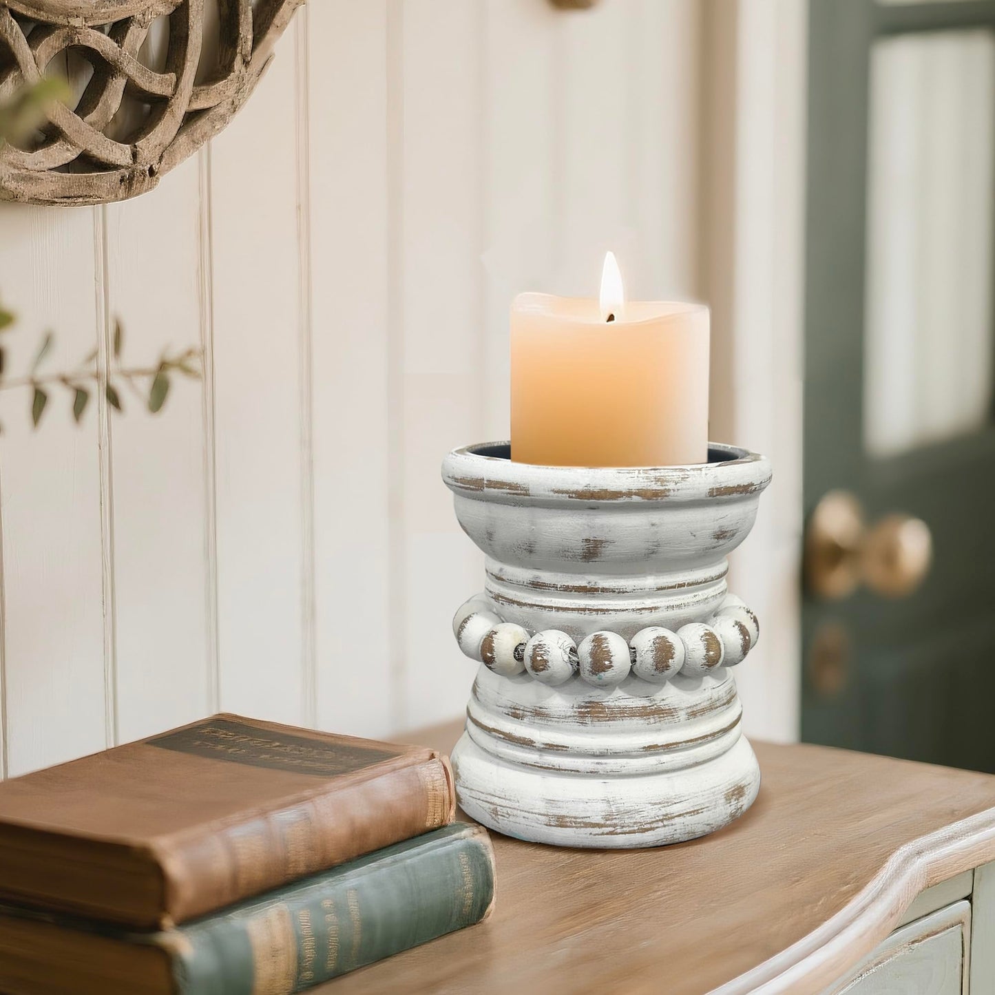 dwellington Farmhouse Rustic Wood Pillar Candle Holder, Decorative Beaded Candlestick Holder Stand for Home Décor, Gifts, Wedding (White Wash)