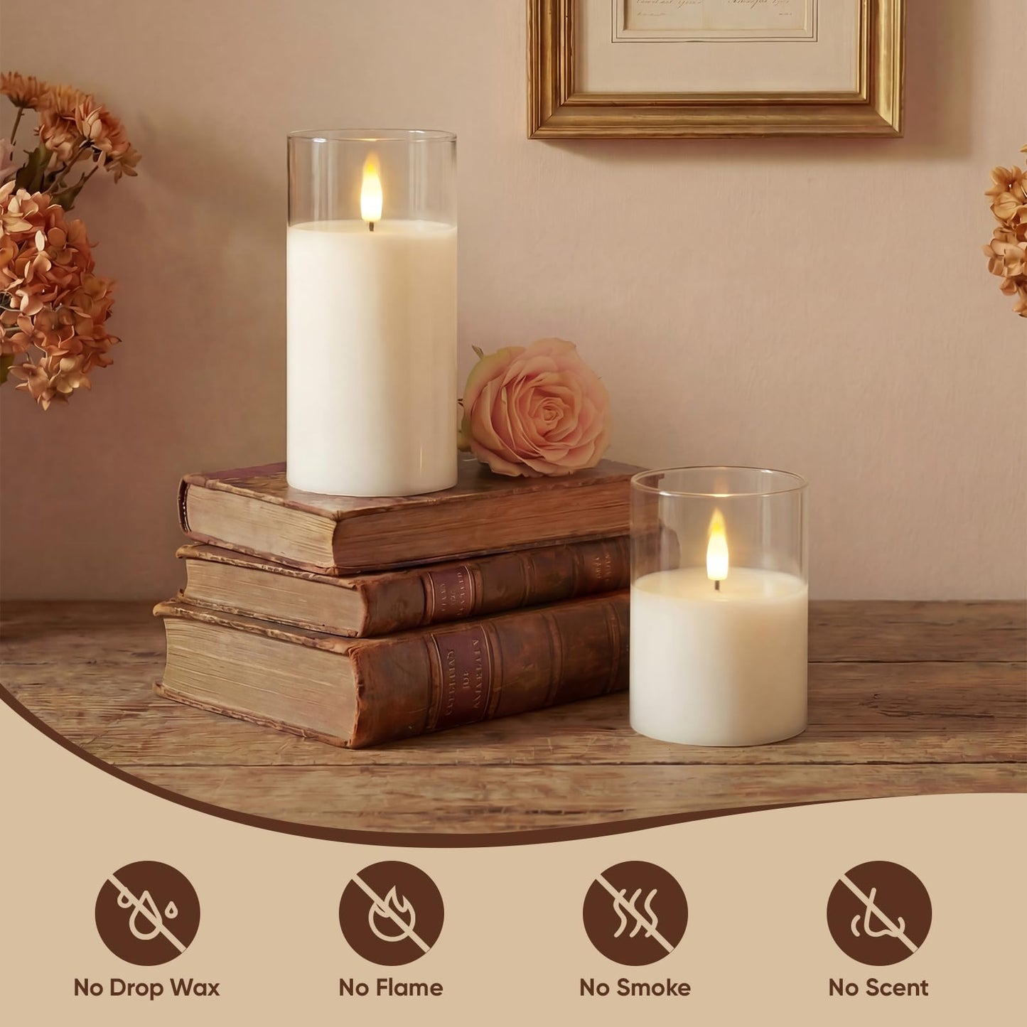 Amagic 3"x4"6" Clear Glass Flameless Candles Battery Operated with Timer, Remote Control, LED Pillar Candles, Battery Powered, Valentine's Day Decor, Pure White Wax, Set of 2