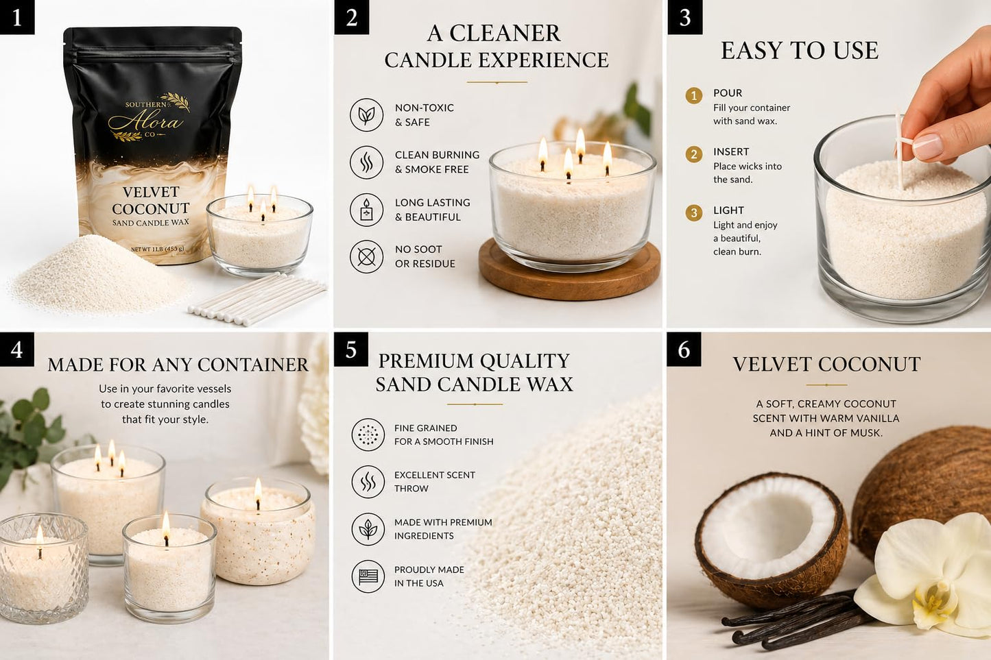 Candle Sand Wax 1 LB – Southern Alora Refillable Sand Candles with 10 Cotton Wicks – DIY Candle Kit for Wedding Centerpieces, Table Decor & Modern Home Decor (Velvet Coconut)