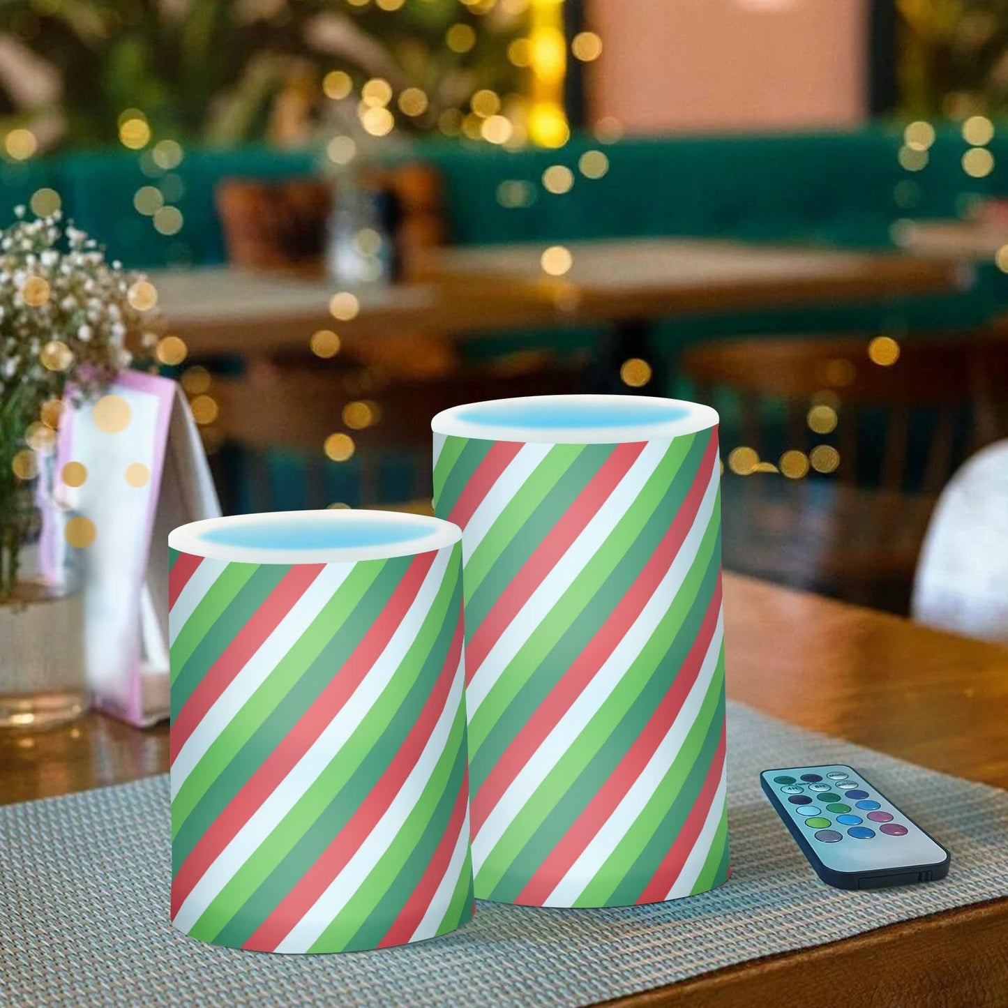 Flameless Candles Battery Operated Christmas Candy Cane Flickering Led Pillar Candles With Remote Control Red White Green Stripes Colour Changing Warm Light Candles For Halloween Christmas Wedding