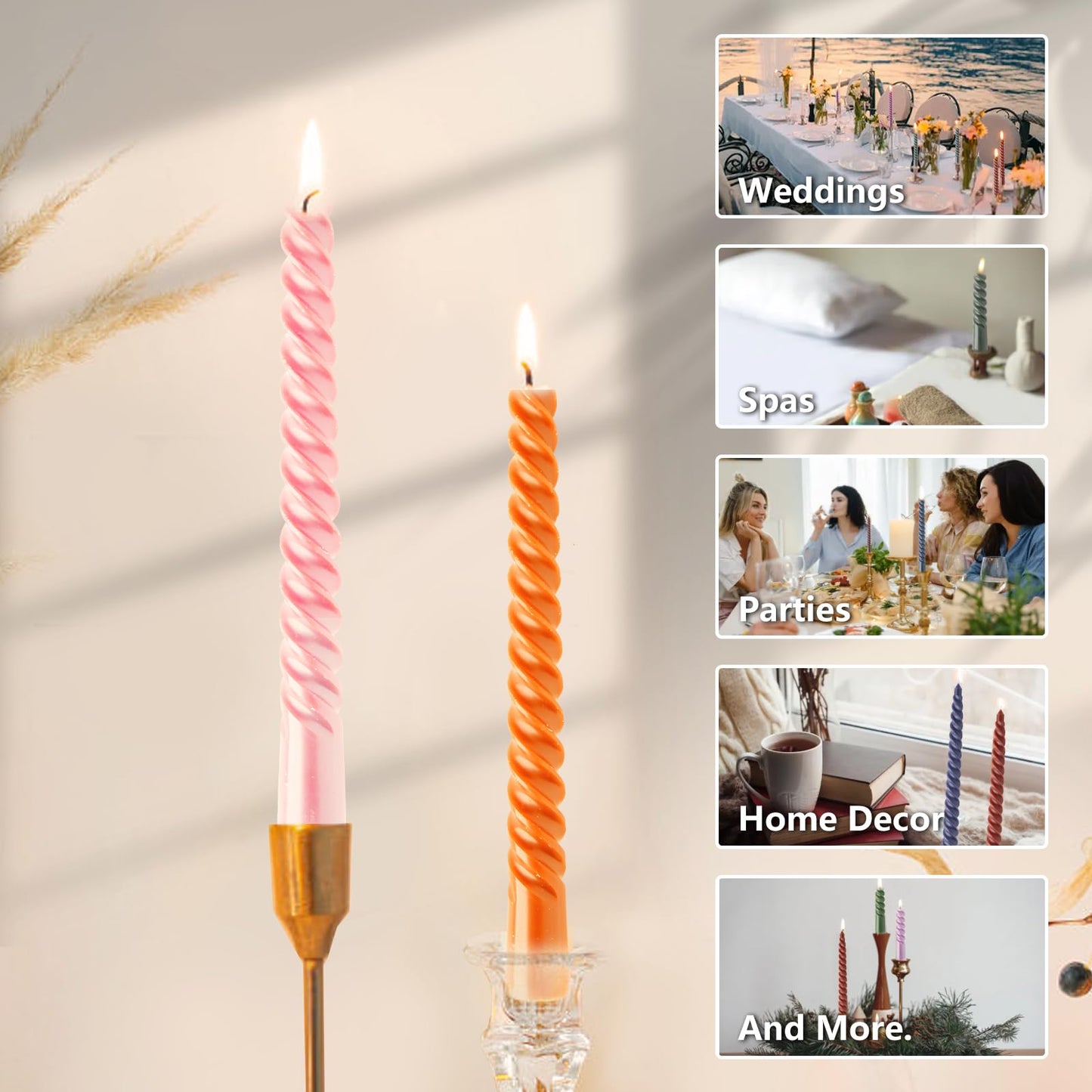 4 Pack Spiral Gradient Taper Candles – Long Pole Unscented Candles, Smokeless & Dripless, Gift Boxed for Wedding, Christmas, Table or Mantle Decor (Pink)