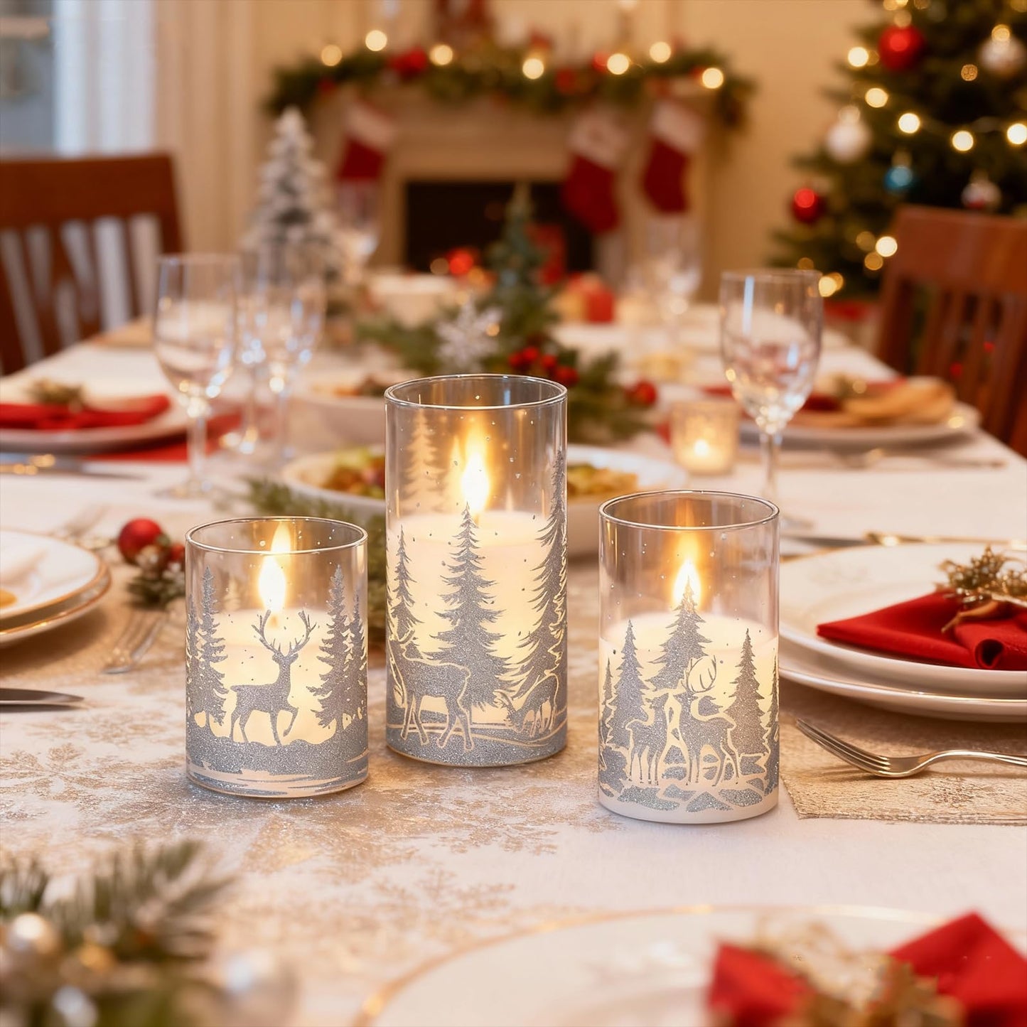 KunSwenn Christmas Flameless Candles with Silver Reindeer Decals, 3 Pack LED Glass Battery Operated Candles with Remote Timer, Pillar Candles with Deer and Tree Pattern for Christmas Winter Decor