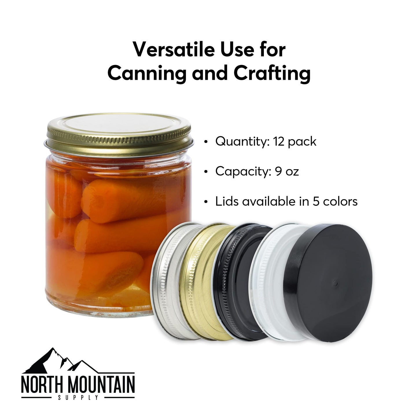 North Mountain Supply 9 Ounce Clear Glass Straight Sided Mason Canning Jars- With 70mm Gold Metal Lids - Case of 12