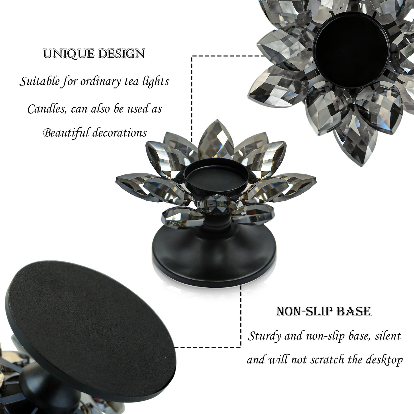 1 PC Black Crystal Flower Tea Light Holder, Glass Tealight Candlestick with Metal Base, Votive Candle for Table Centerpiece, Wedding/Parties Decor, Nice Gift