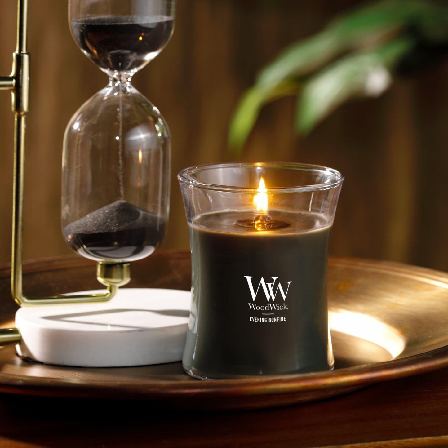 WoodWick Evening Bonfire Holiday Candle Gifts for Women and Men, 9.7 oz Medium Hourglass Candle with Crackling Wick