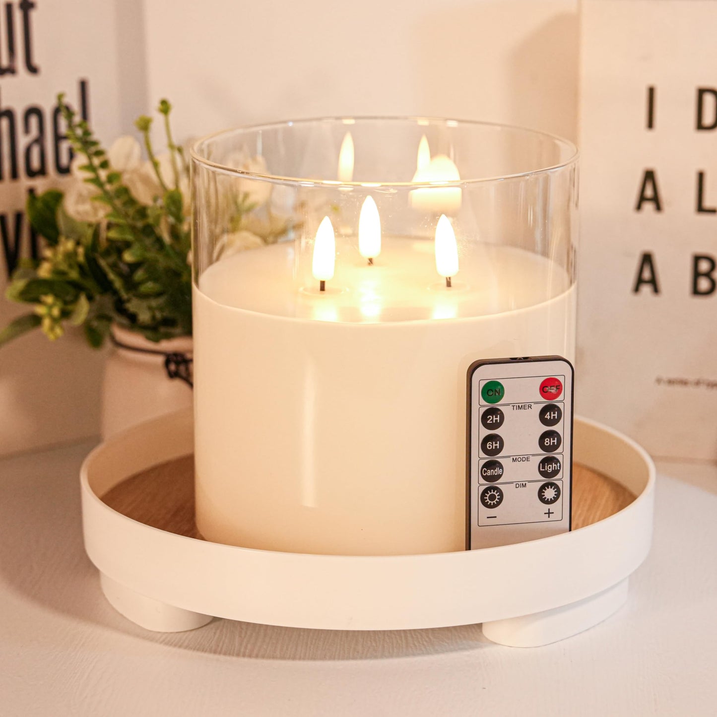 NICEME Extra Large 3 Wick Battery Operated Candle, 6"x6" Big Clear Glass Flameless Candles with Remote, Real Wax Flickering Led Pillar Fake Giant Candle for Wedding Party Holiday Home Decor, White