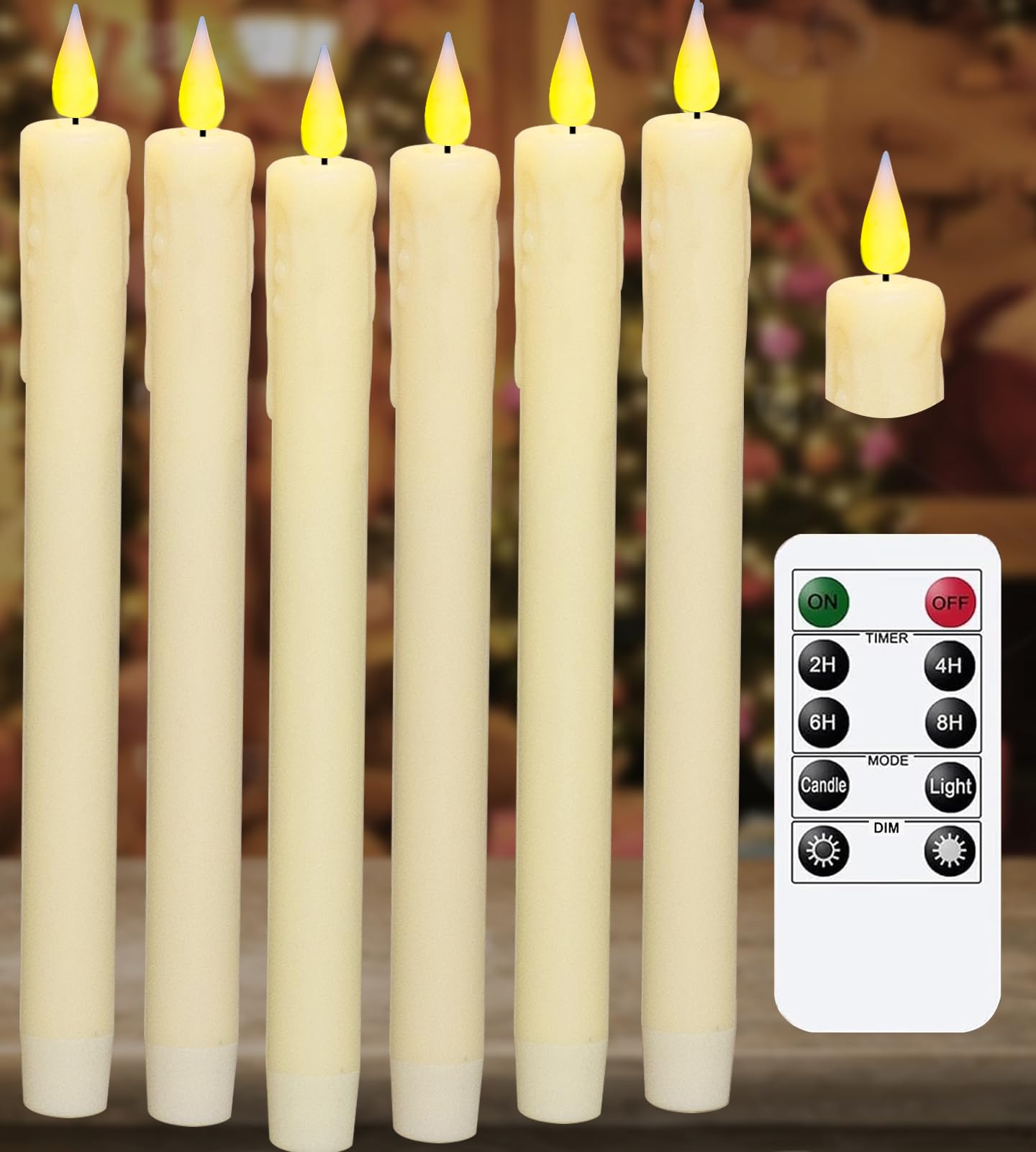KSWING Upgraded Real Wax LED Flameless Taper Candles with Remote, 6 PCS Ivory Dripping Candlesticks Battery Operated 3D Flickering - 9.6" Long Realistic Fake Candle Sticks for Home/Wedding/Xmas Decor
