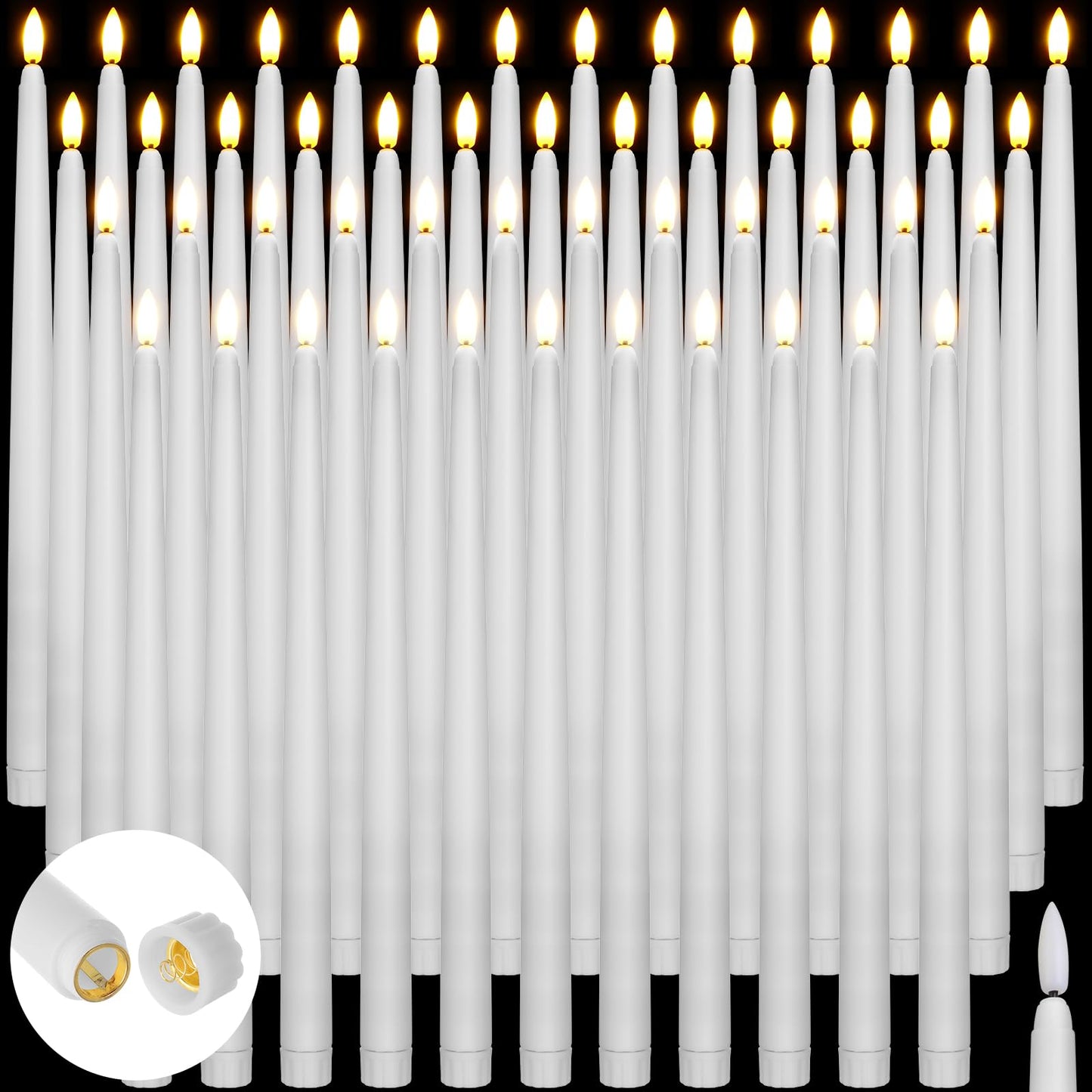 Baquler 50 Pcs Extra Long Flameless Taper Candles 12.4 inch Battery Operated Taper Candle Bulk LED Flickering White Candlesticks for Wedding Church Table Centerpiece Halloween Christmas Party Decor
