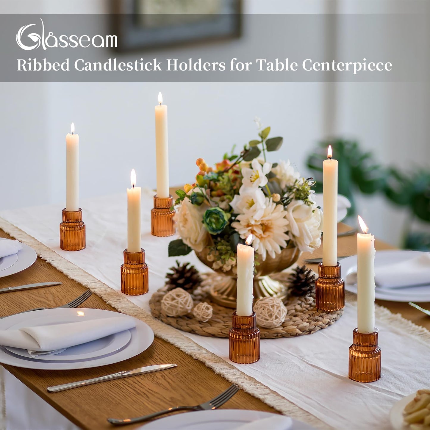 Glasseam Glass Tapered Candlestick Holders: Amber Ribbed Set of 2 for Table Centerpiece, Fall Decor, Christmas Party, Halloween, Thanksgiving