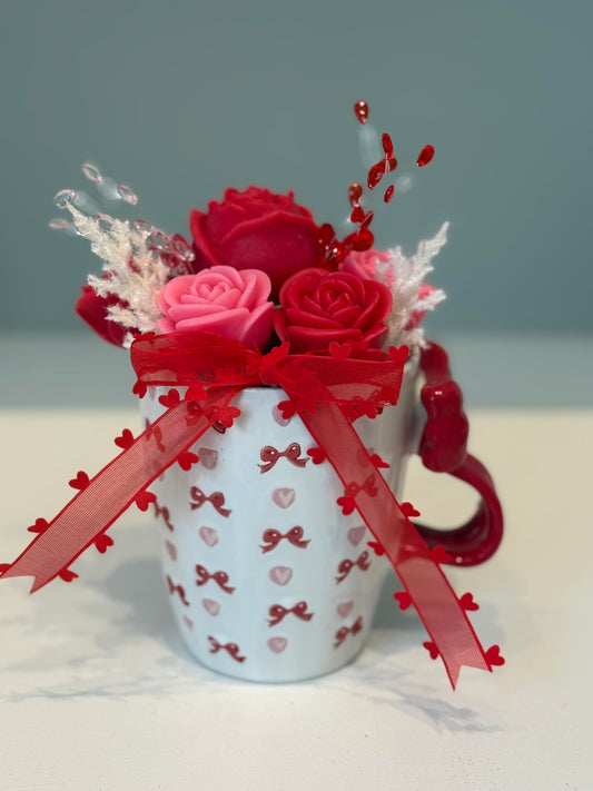 Bow Mug Flower Candle Bouquet – Handcrafted Soy Wax Roses – Rose Scented Valentine Gift for Her – Red & Blush Floral Candle Arrangement – Ceramic Keepsake – Valentine Edition No. 15