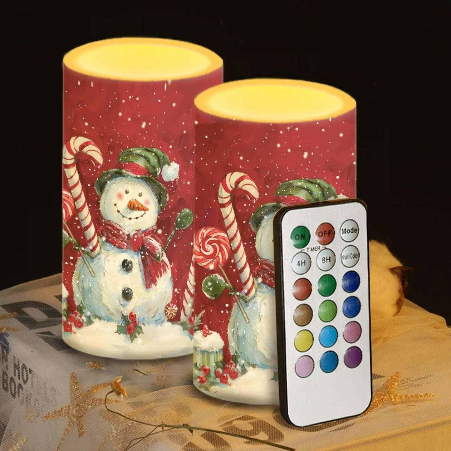 Luarisgur Christmas Snowman Flameless Candles with Remote Red Christmas Decorations Battery Candles Flickering LED Candles with Remote for Home Party Holiday Xmas Decor Electric Fake Candles