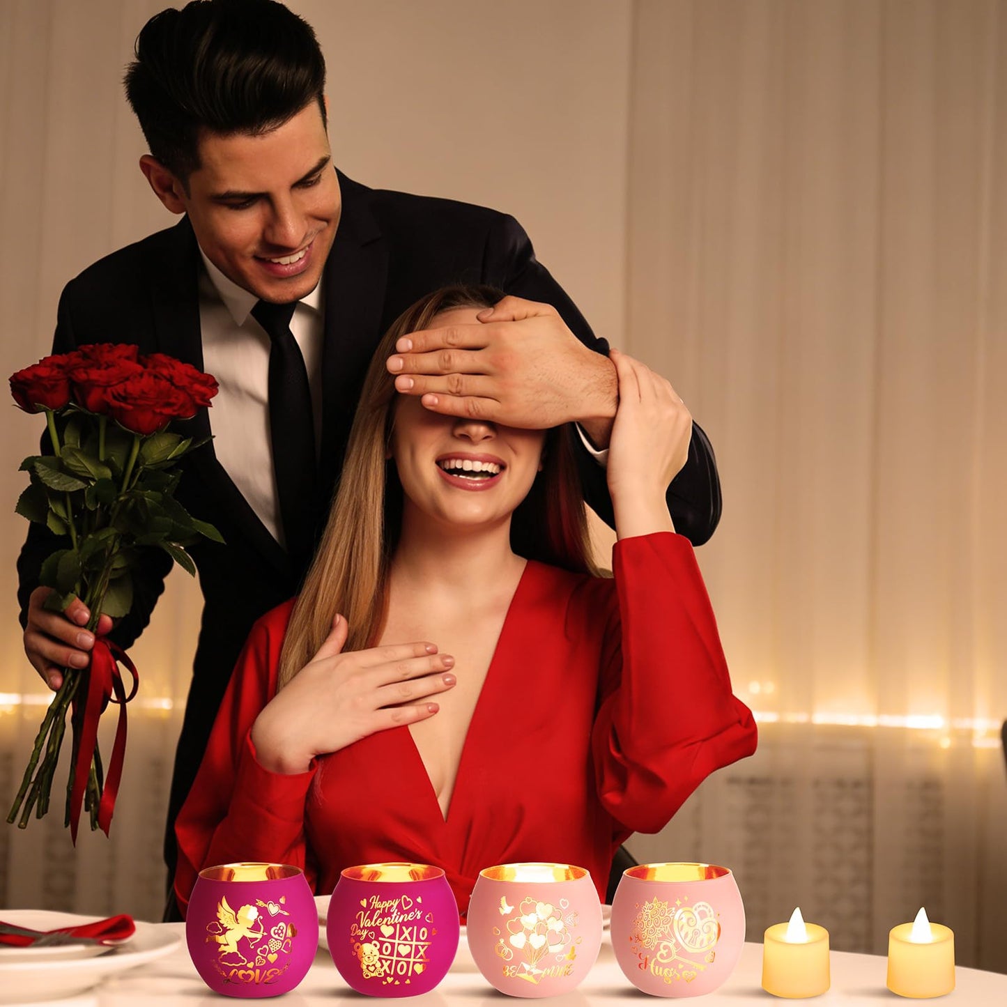VIHOSE 6 Set Valentine's Day Tealight Candle Holders with 6 LED Battery Operated Candles Valentines Glass Tealight Holders Valentine Table Decorations for Home Table Centerpiece Decor Gifts