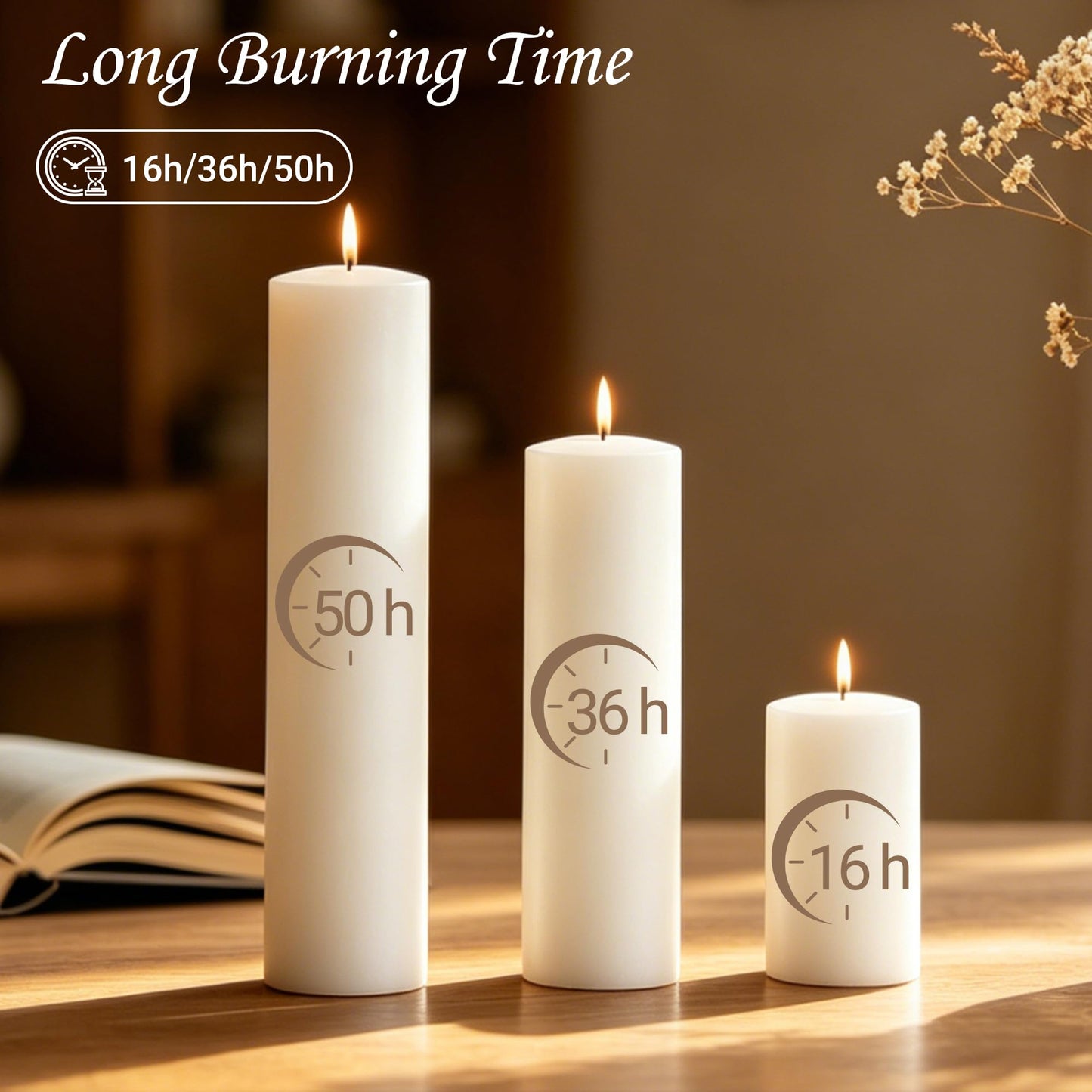 CCXTNQS Long Burning White Pillar Candles Bulk Set of 18, Unscented Low Drip Smokeless 2 in x 3, 6, 8 Inch Candle Set for Wedding Decor, Centerpieces, Mantel, Spa and Home Decor