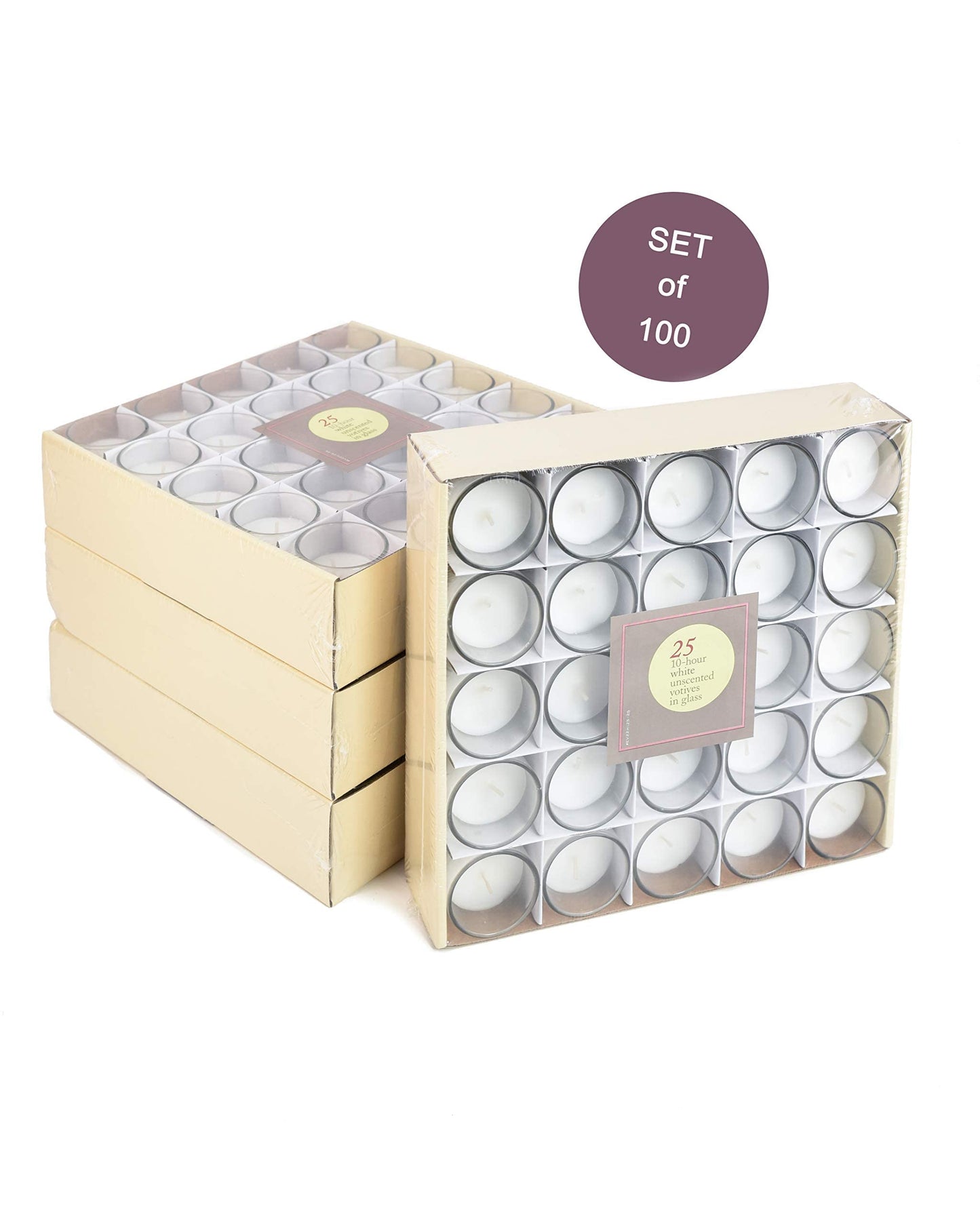 Serene Spaces Living 100-Pack White Unscented Votive Candles in Glass Holders, 10 Hour Burn Time, Bulk Set for Weddings, Events, Parties, Spa, Emergency & Home Decor, 2" Tall x 1.75" Diameter