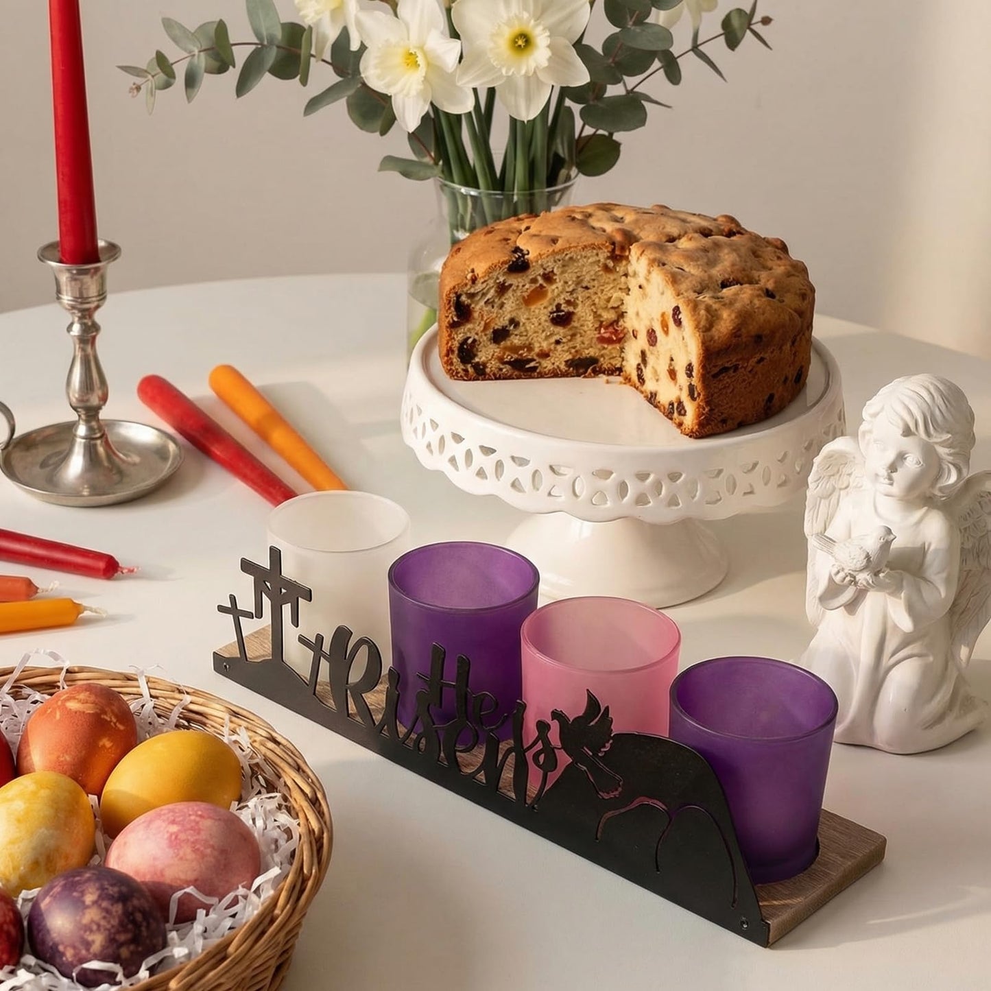 SYFURNIX He is Risen Easter Decor, 4 Glass Votive Tealight Candle Holders & 1 Wooden Tray, Easter Religious Decor for Church Event Pray Table Centerpiece, Christian Gift