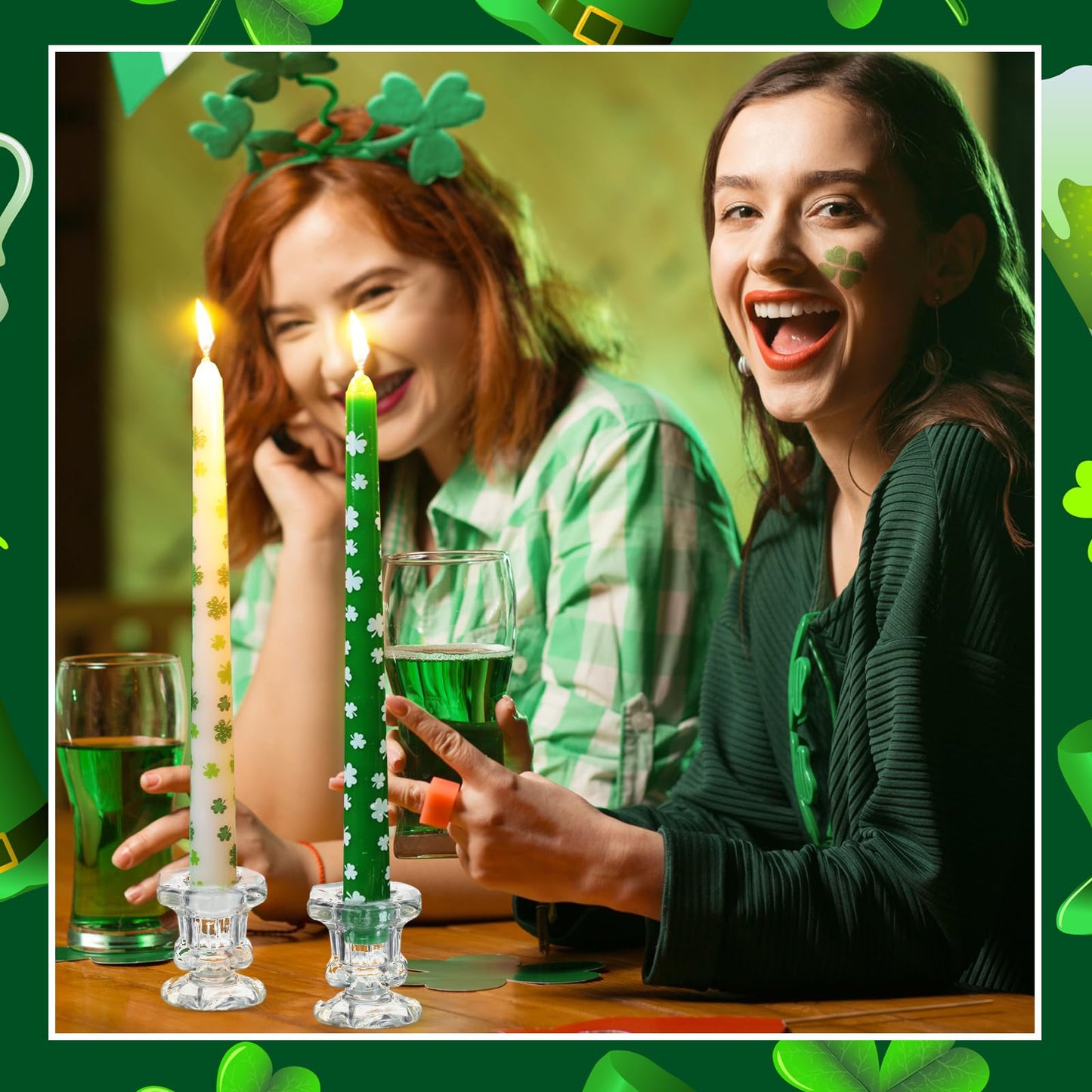 Threlaco 12 Pcs St. Patrick's Day Dripless Taper Candles 10 Inch Tall Unscented Candle Sticks White Green Shamrock Set St. Patrick's Day Gifts Holiday Decor for Dinner Party Wedding Anniversary